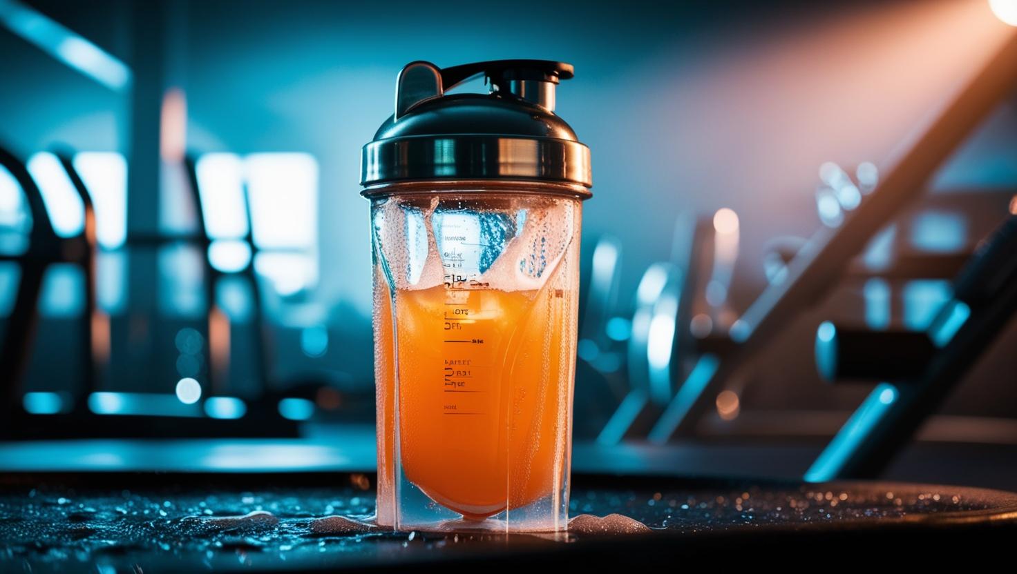 Clear protein drink in a shaker-style water bottle.