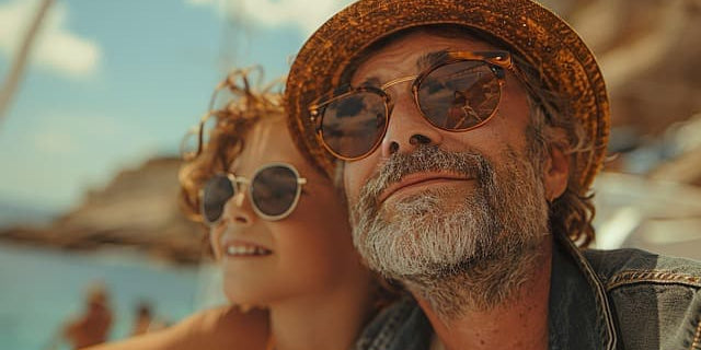 A father and son enjoying healthy travel snacks in a sunny spot