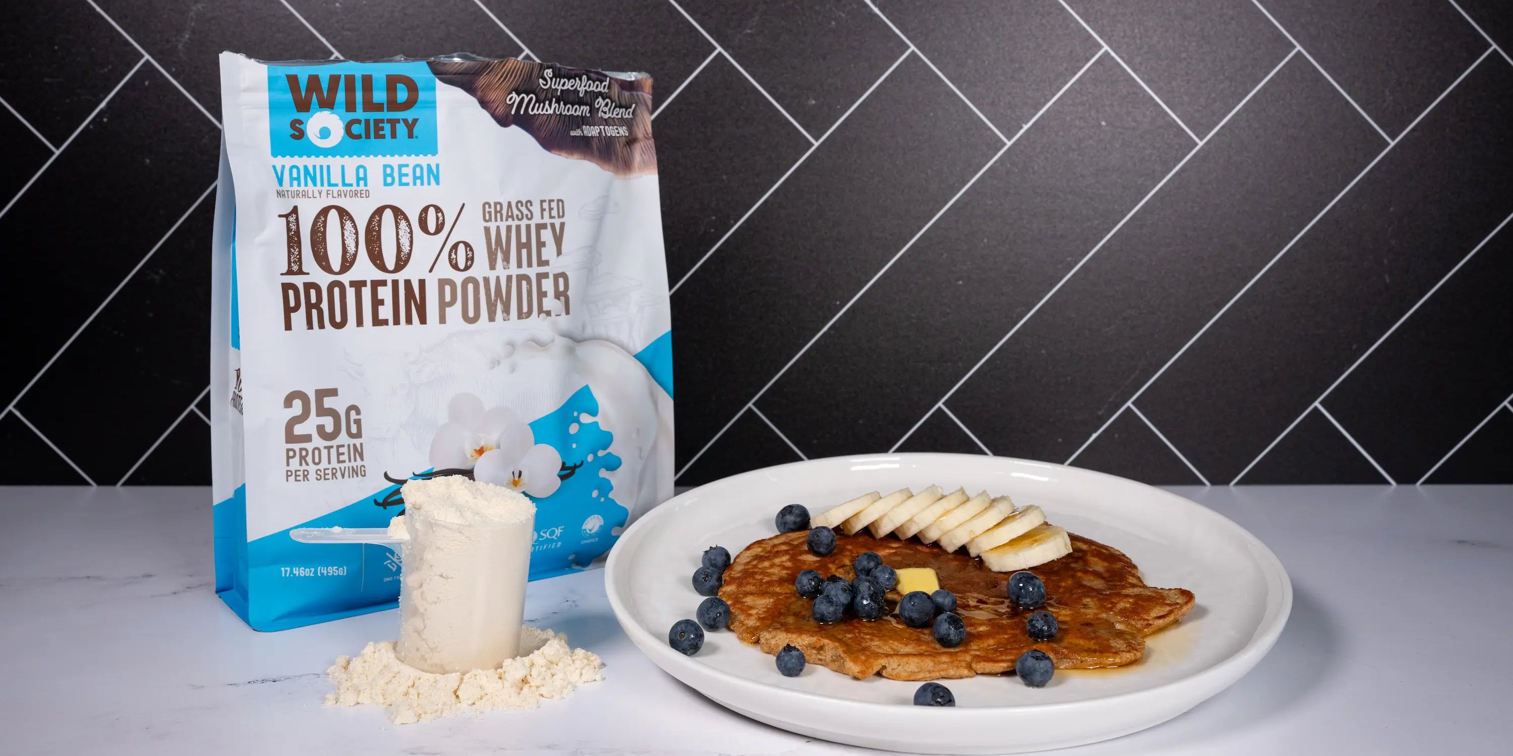 Protein pancakes made with Wild Society grass-fed vanilla whey protein powder