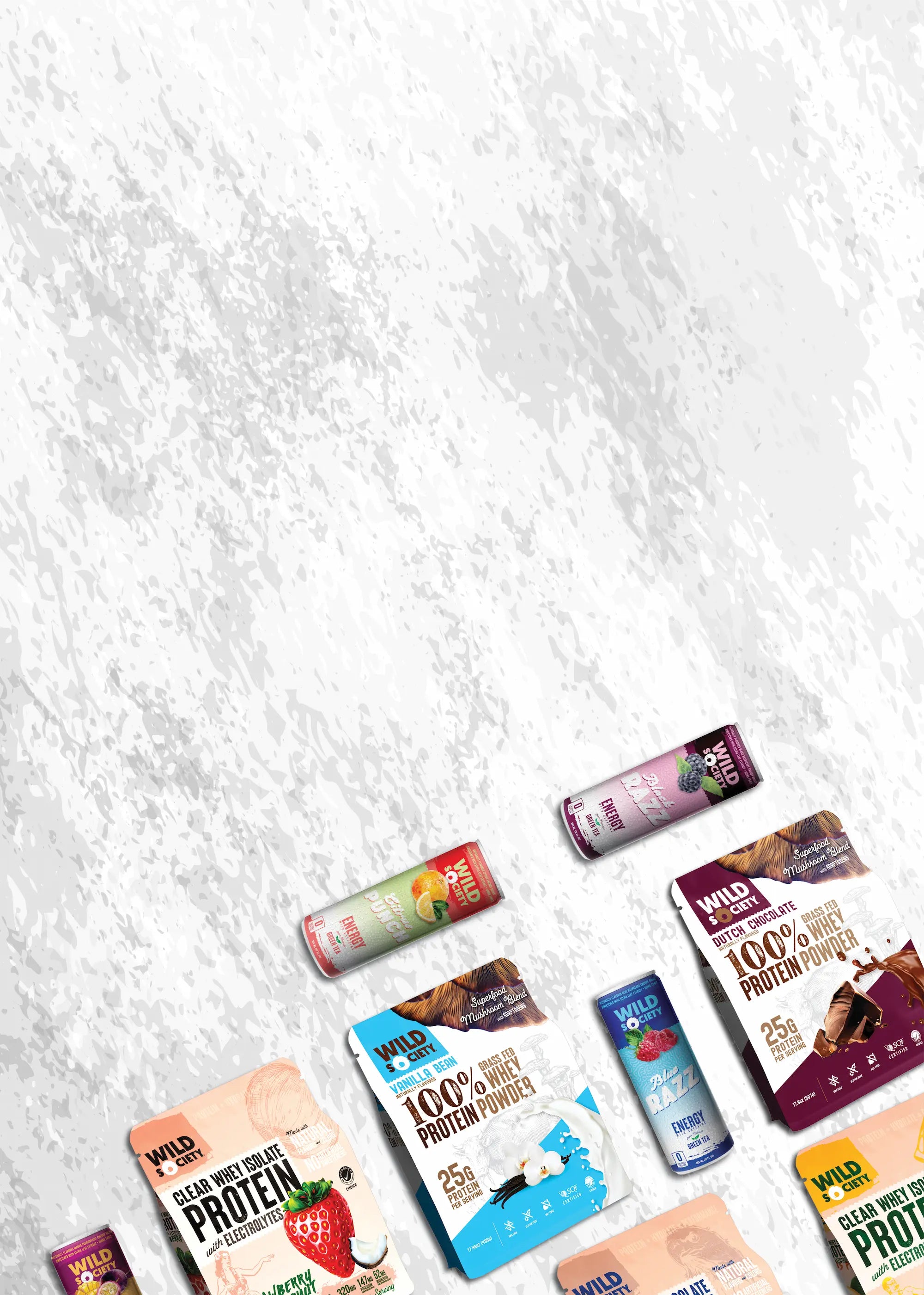 Wild Society family of product packages on white marble background