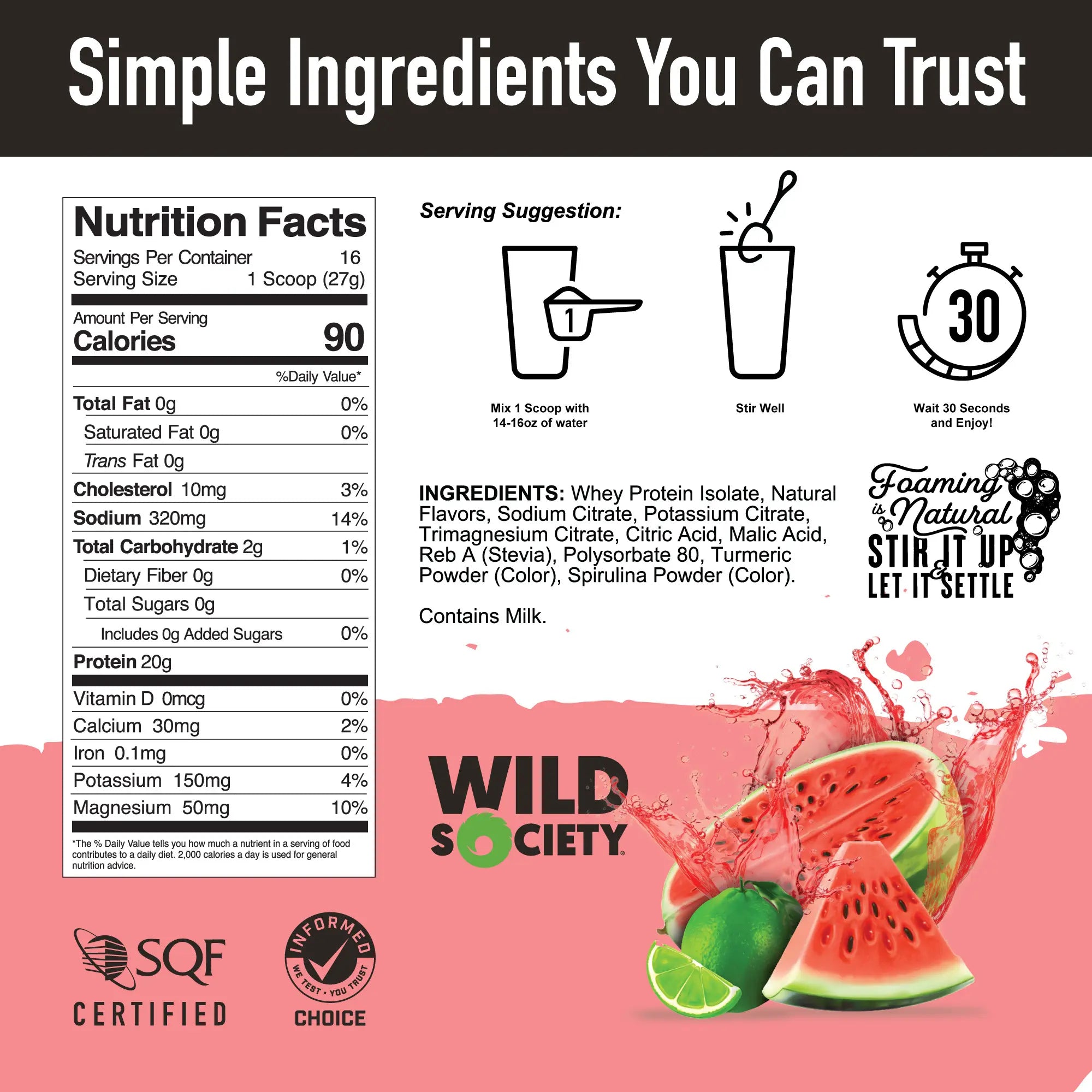 Nutrition facts for Clear Whey Isolate Protein with Electrolytes in Watermelon Lime flavor with serving suggestions