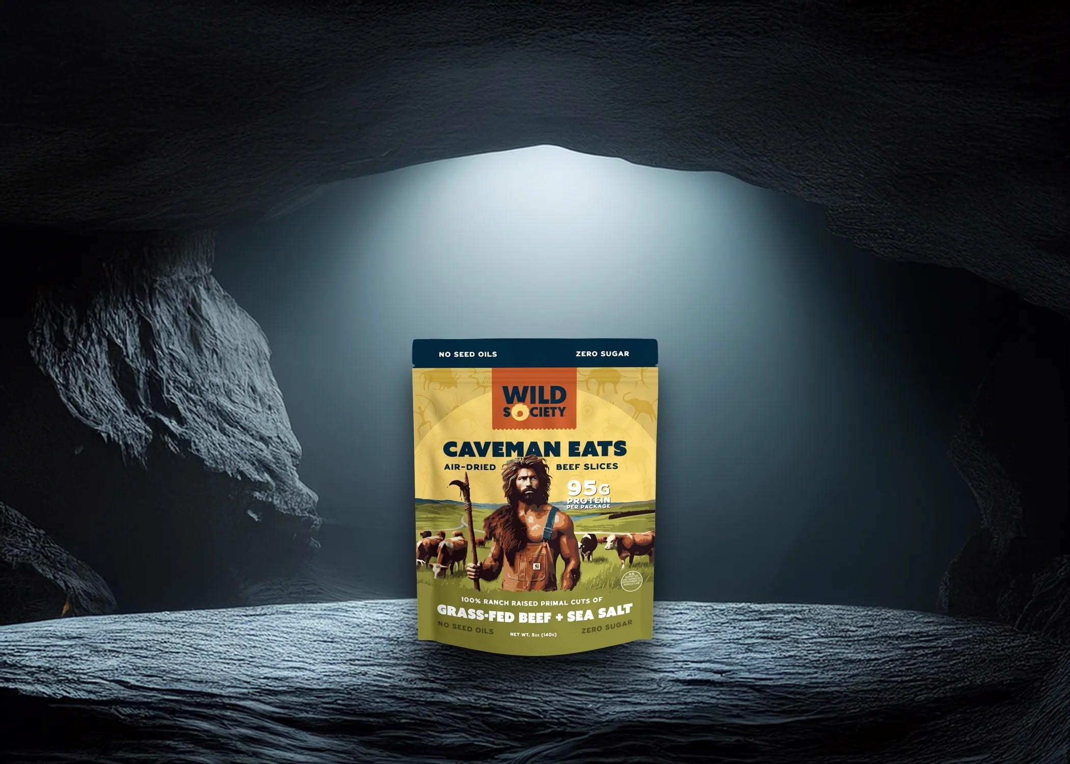 Caveman Eats package in a dark cave setting