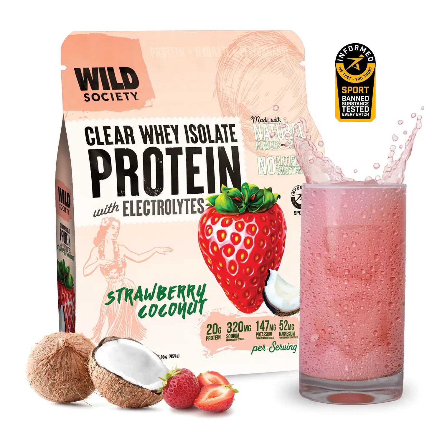 Wild Society strawberry coconut protein package with a glass of pink protein shake.
