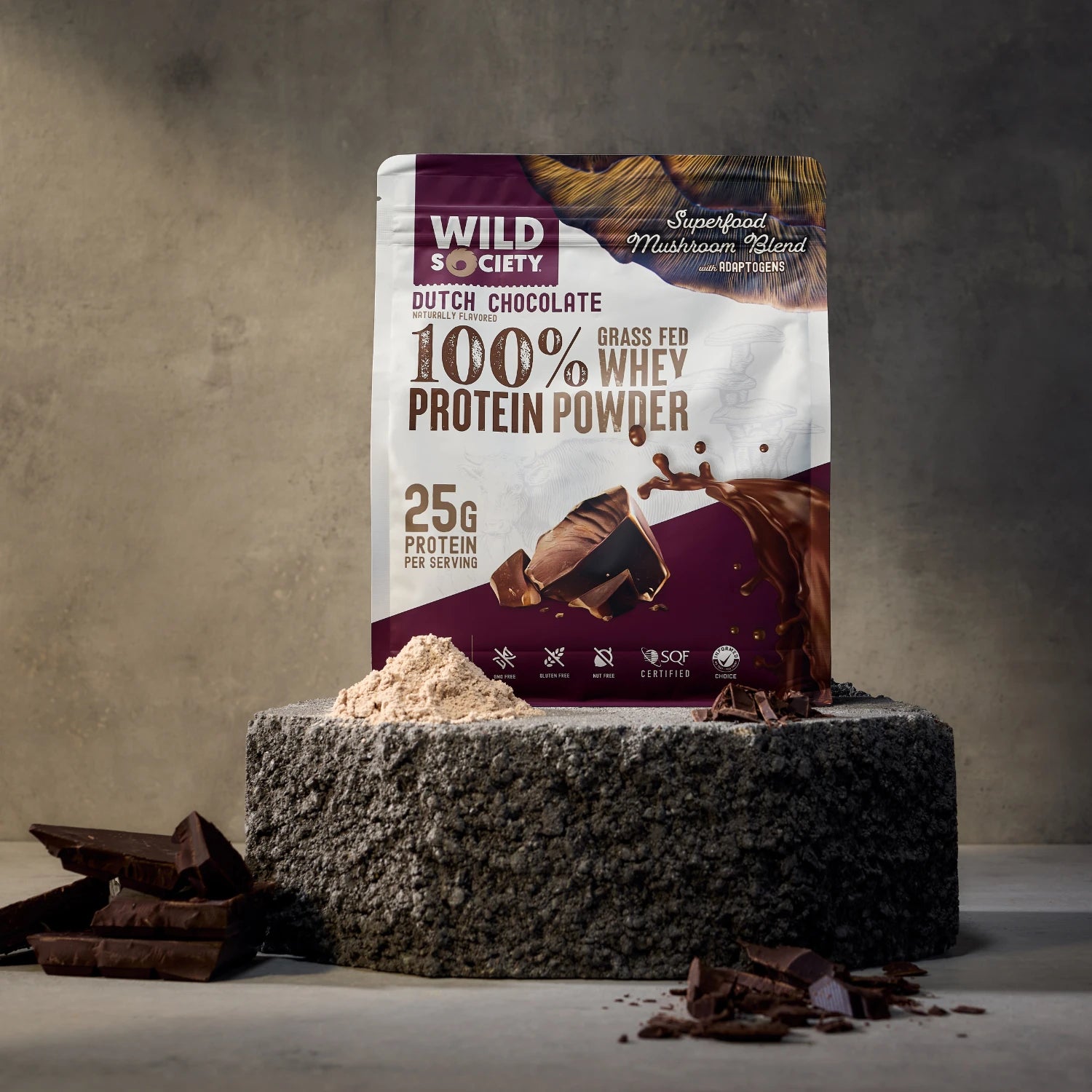 Wild Society Nutrition - Whey Protein Powder With Superfood Mushroom Blend - 25G Protein - Dutch Chocolate