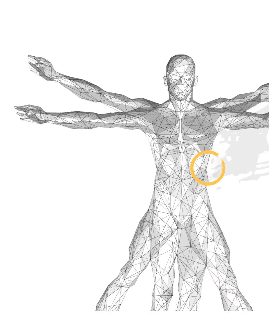 Geometric human figure with a yellow circle on a white background