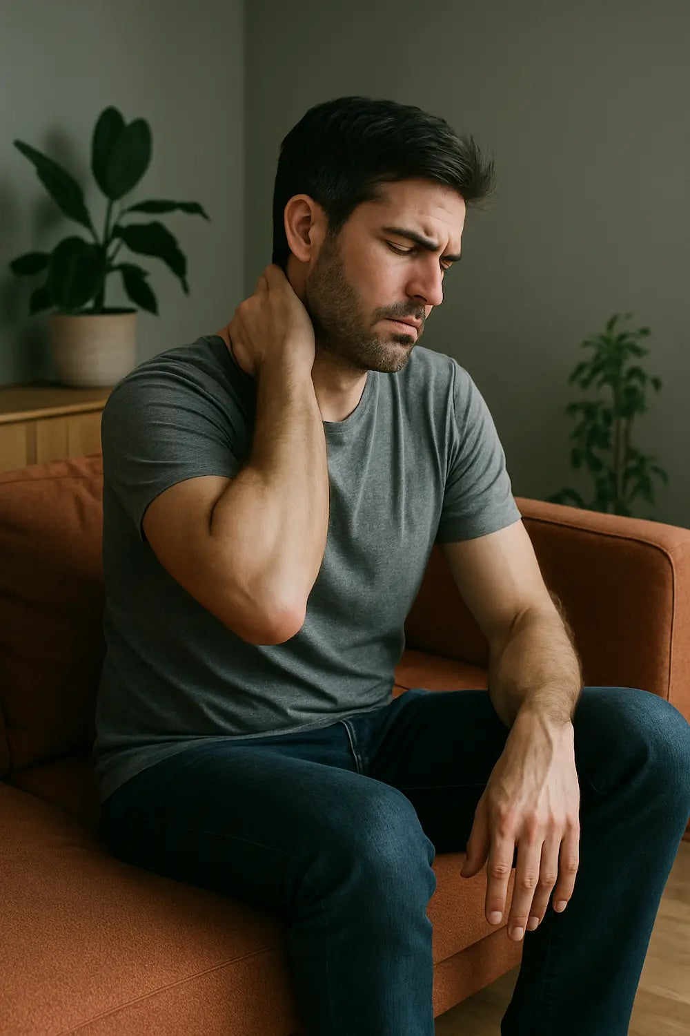 Man sitting on a couch with a pained expression, holding his neck.