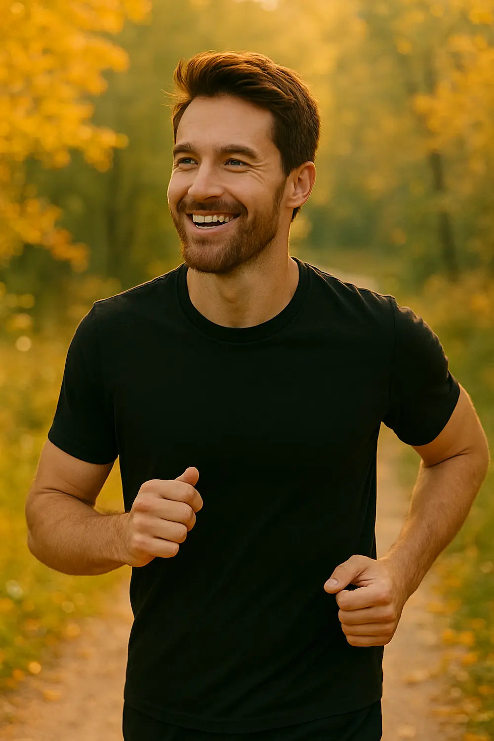 Man running outdoors with a blurred natural background