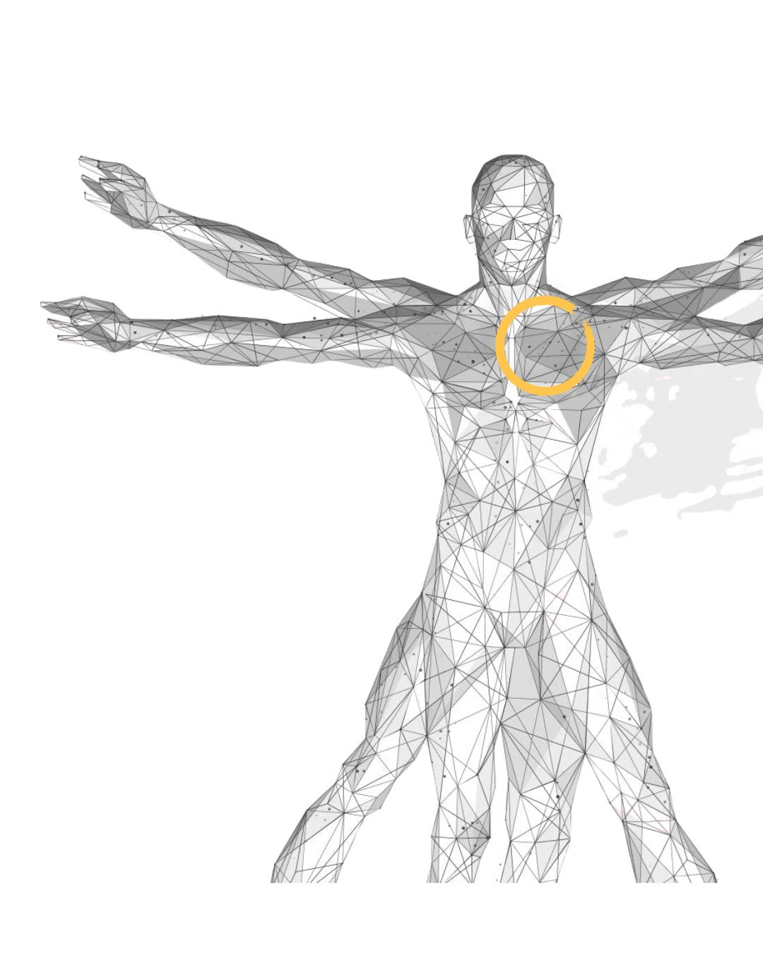 Geometric human figure with a yellow circle highlighting a specific part on a white background