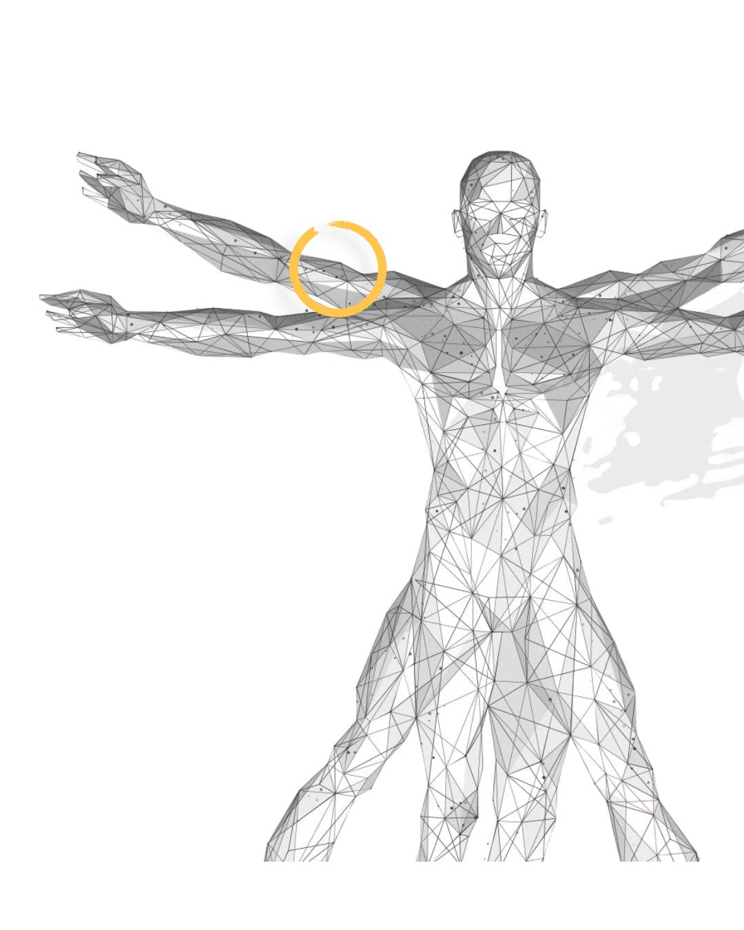 Geometric human figure with a yellow circle highlighting the wrist area on a white background