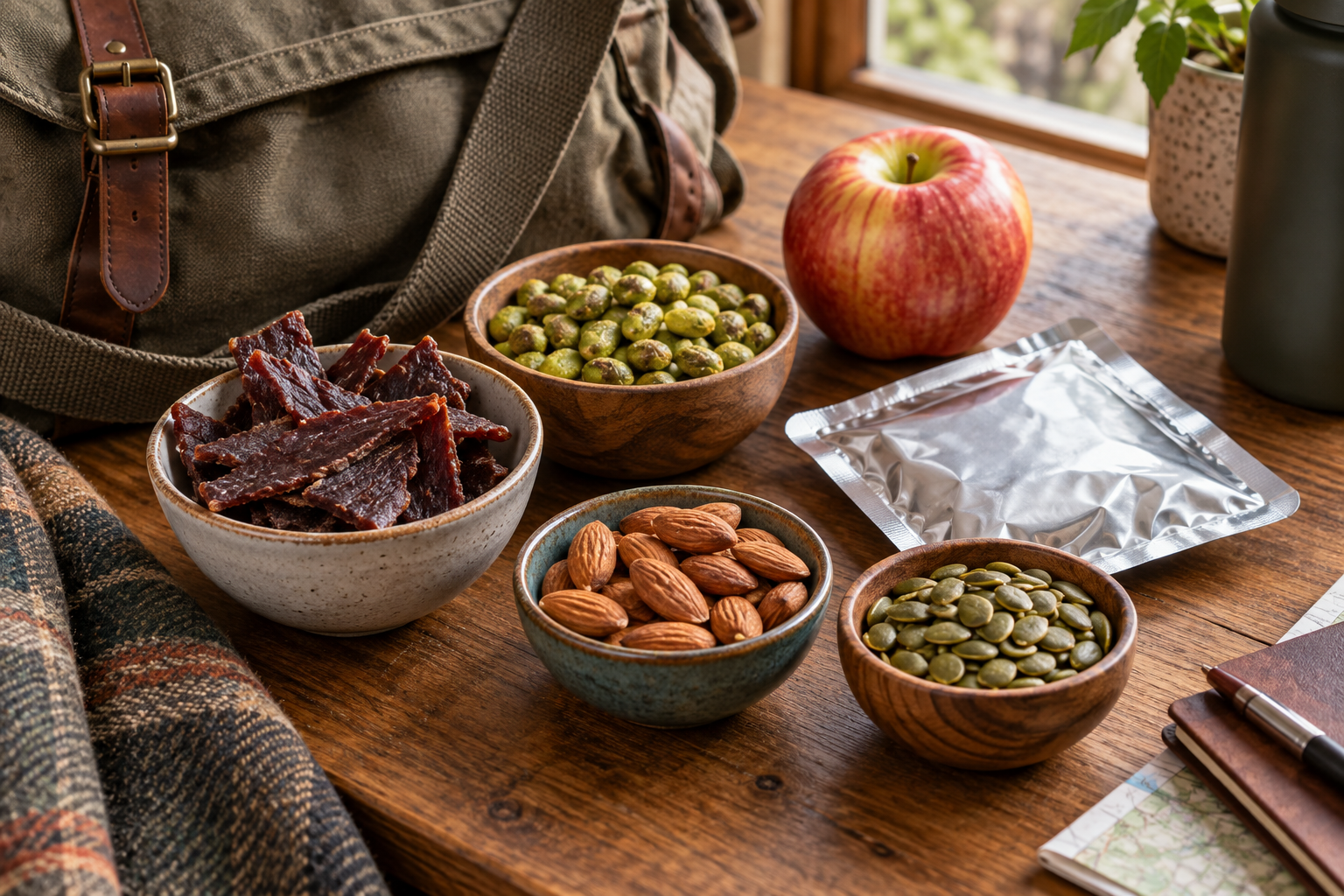 Jerky, roasted edamame, almonds, pumpkin seeds, an apple and a sealed pouch beside a travel bag.