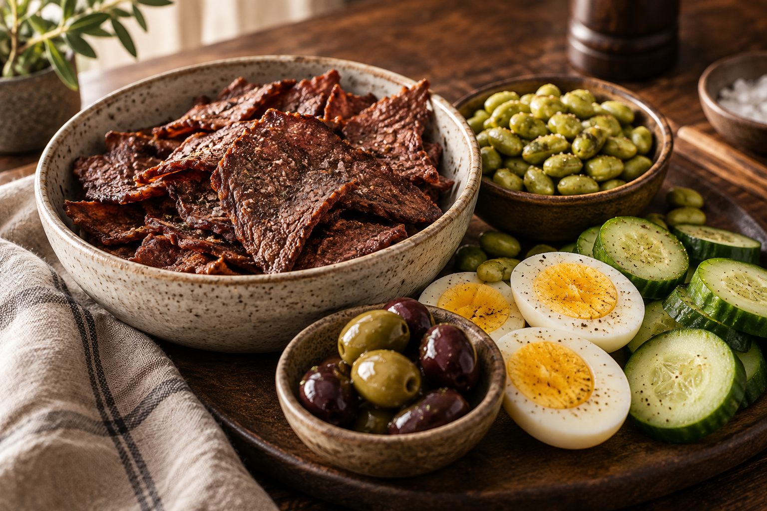 Crisp beef slices with edamame, boiled eggs, cucumber and olives.