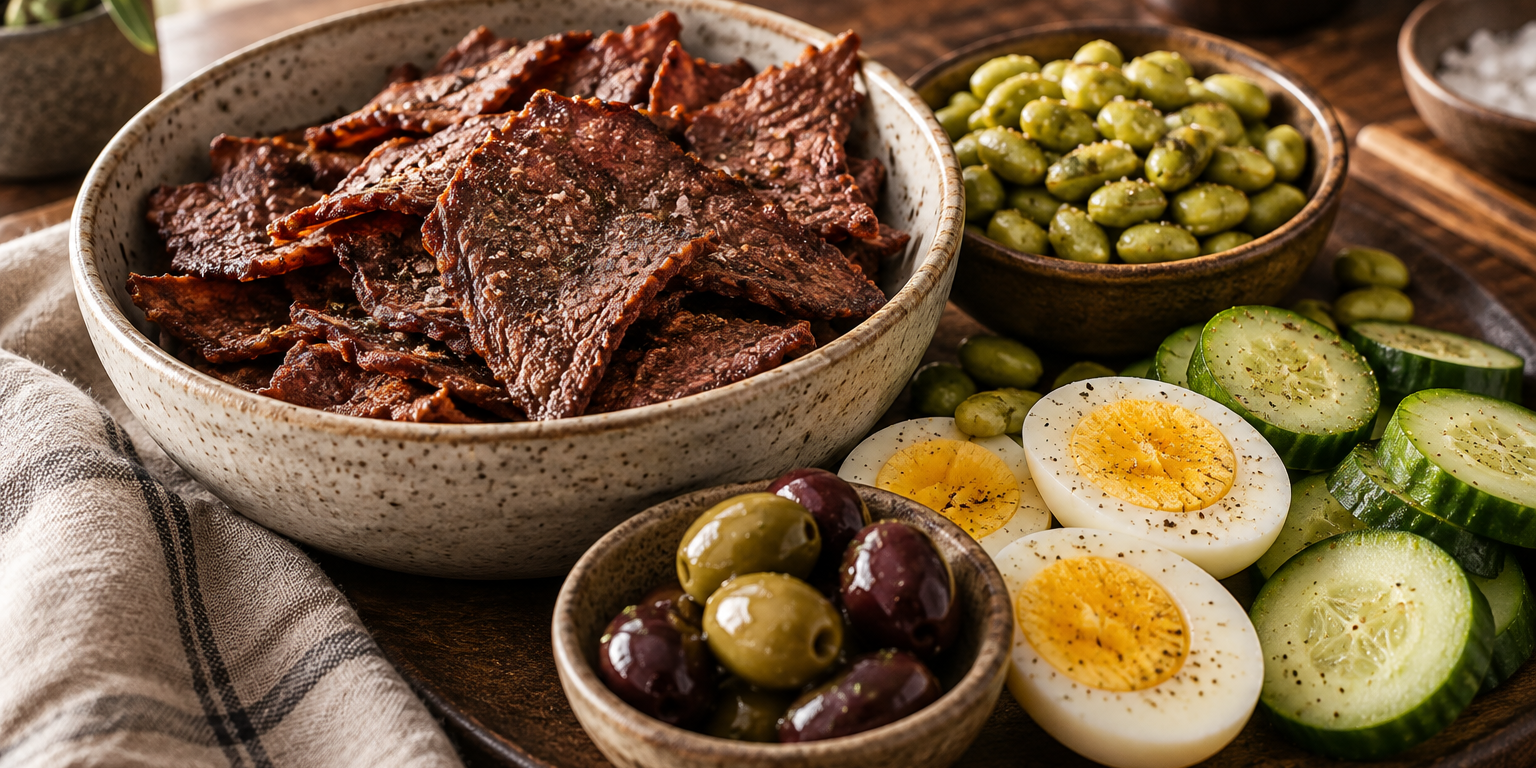 Crisp beef slices with edamame, boiled eggs, cucumber and olives.