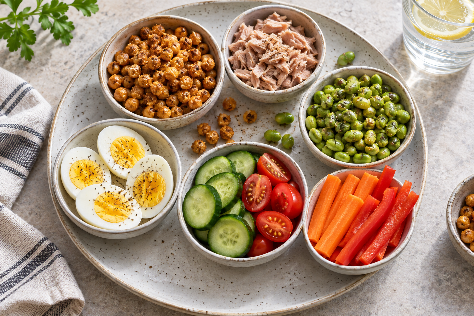 Dairy-free snack bowls with eggs, tuna, chickpeas, edamame and fresh vegetables.