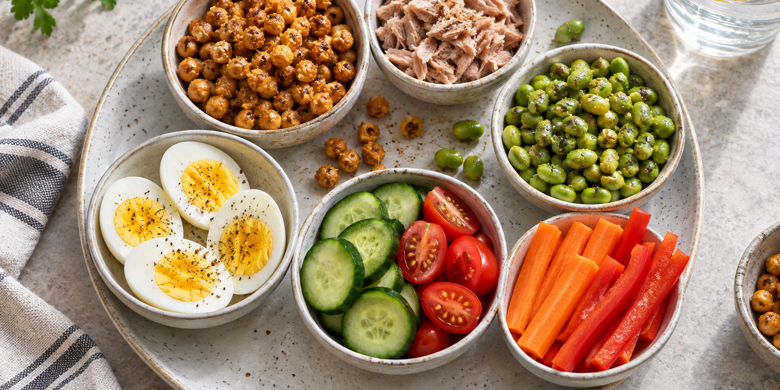 Dairy-free snack bowls with eggs, tuna, chickpeas, edamame and fresh vegetables.