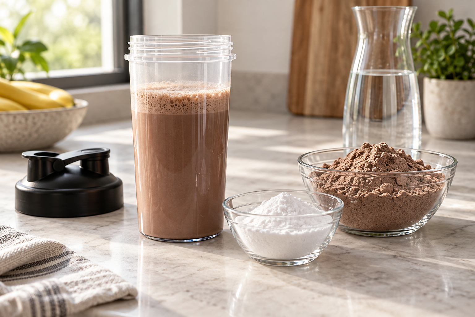 Chocolate protein shake beside separate bowls of white powder and chocolate protein powder.