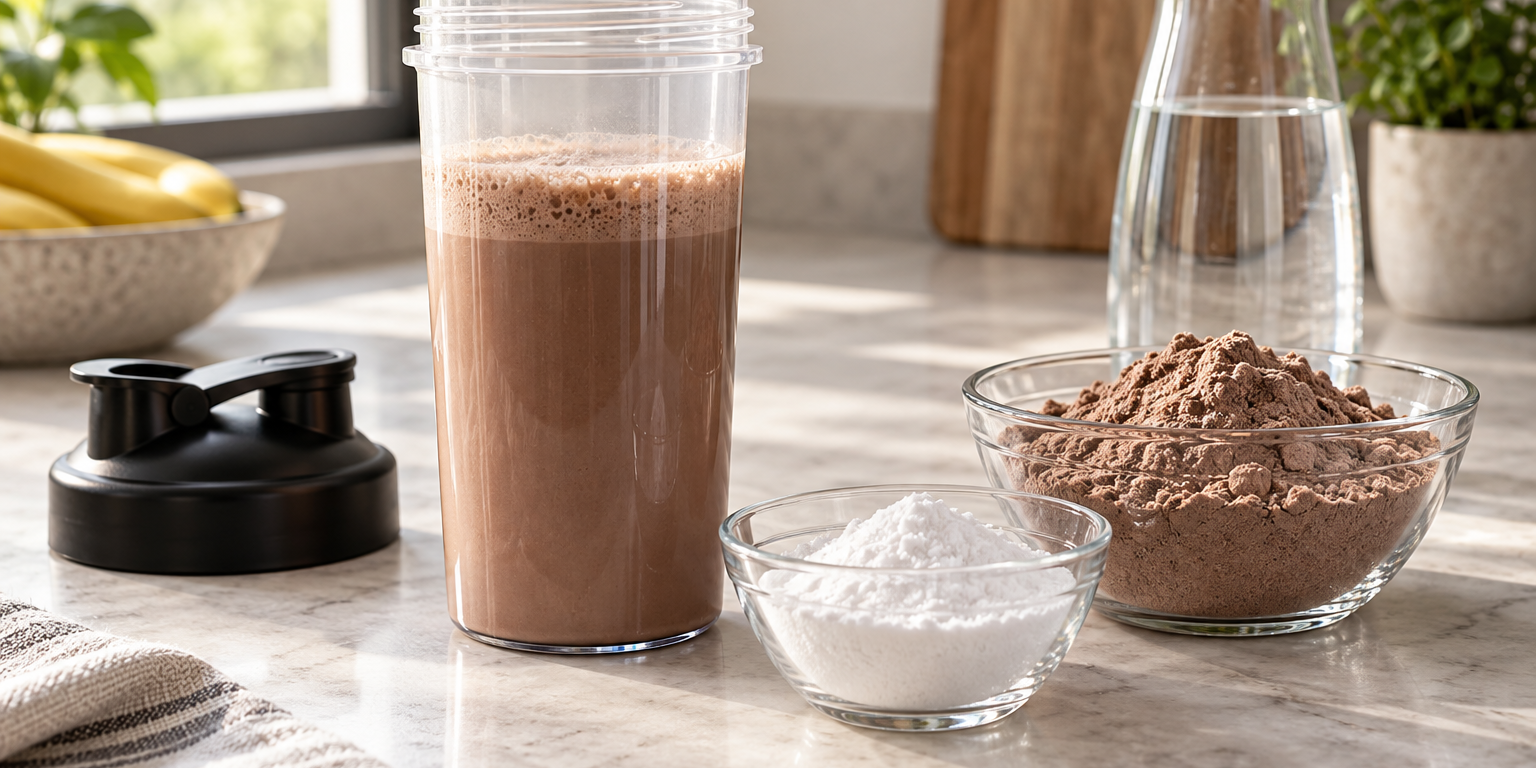 Chocolate protein shake beside separate bowls of white powder and chocolate protein powder.