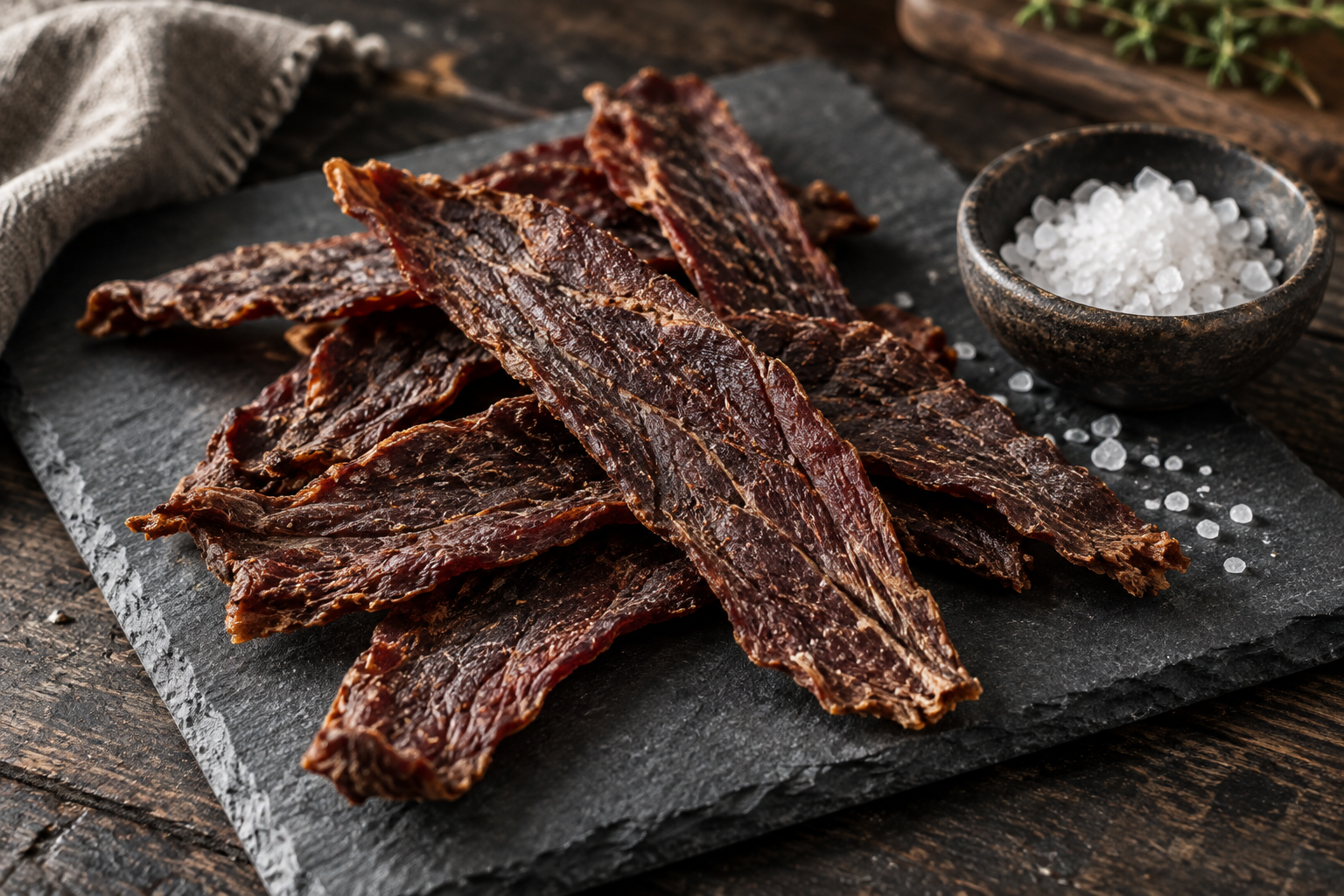Plain beef jerky strips on slate beside coarse sea salt.