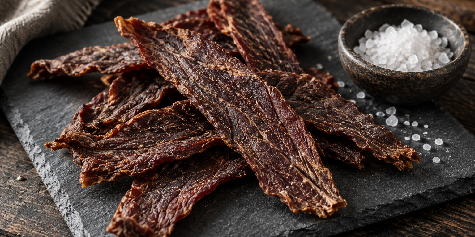 Plain beef jerky strips on slate beside coarse sea salt.