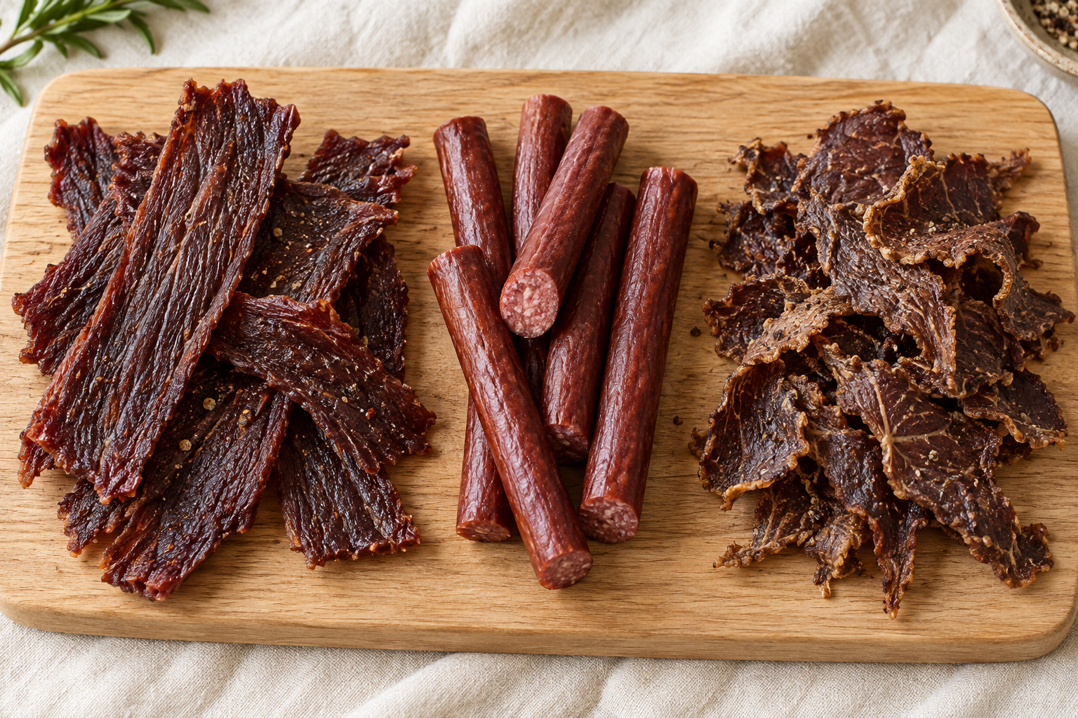 Beef jerky strips, beef sticks and thin crisp beef slices arranged in separate groups.
