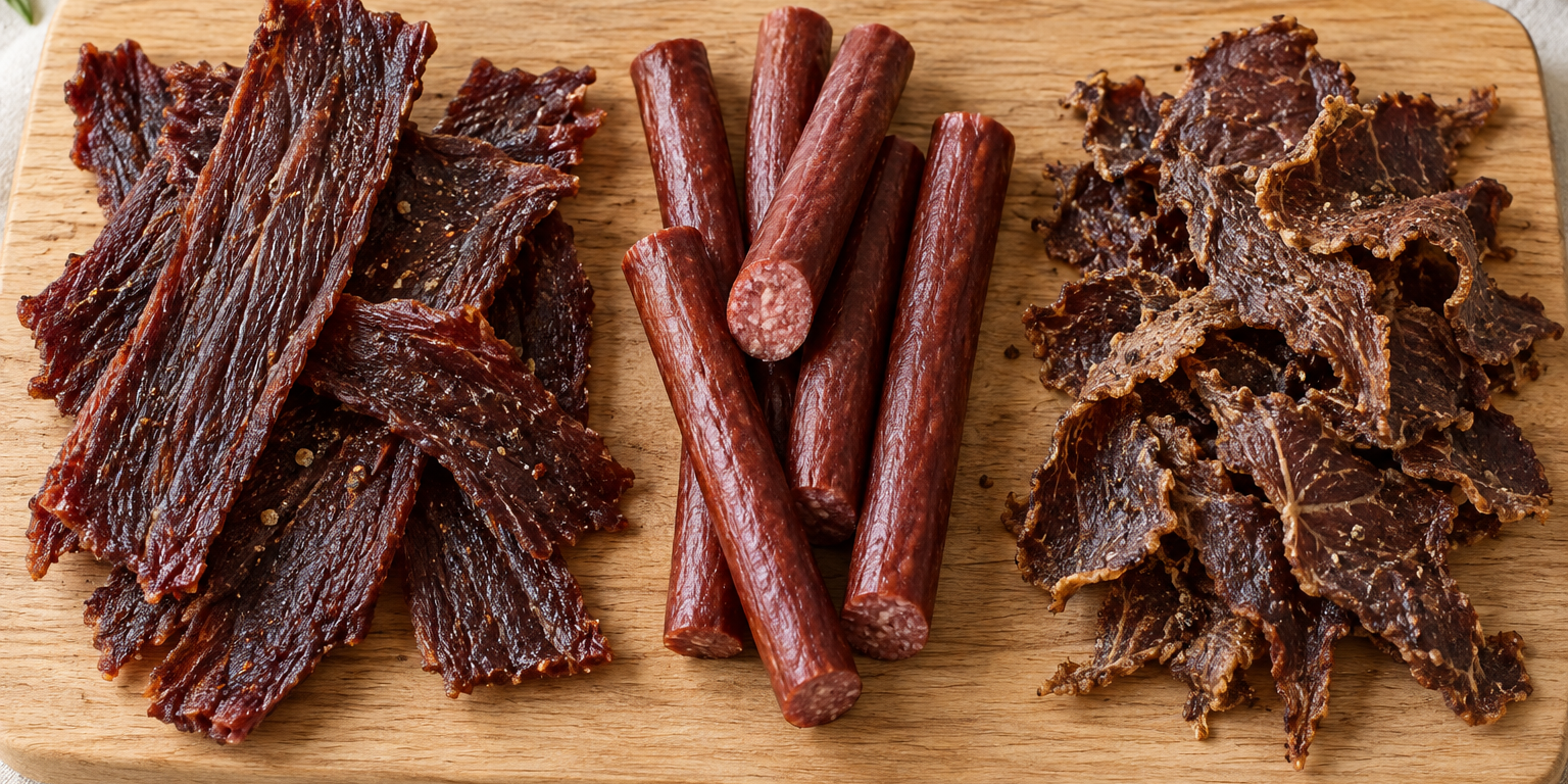 Beef jerky strips, beef sticks and thin crisp beef slices arranged in separate groups.