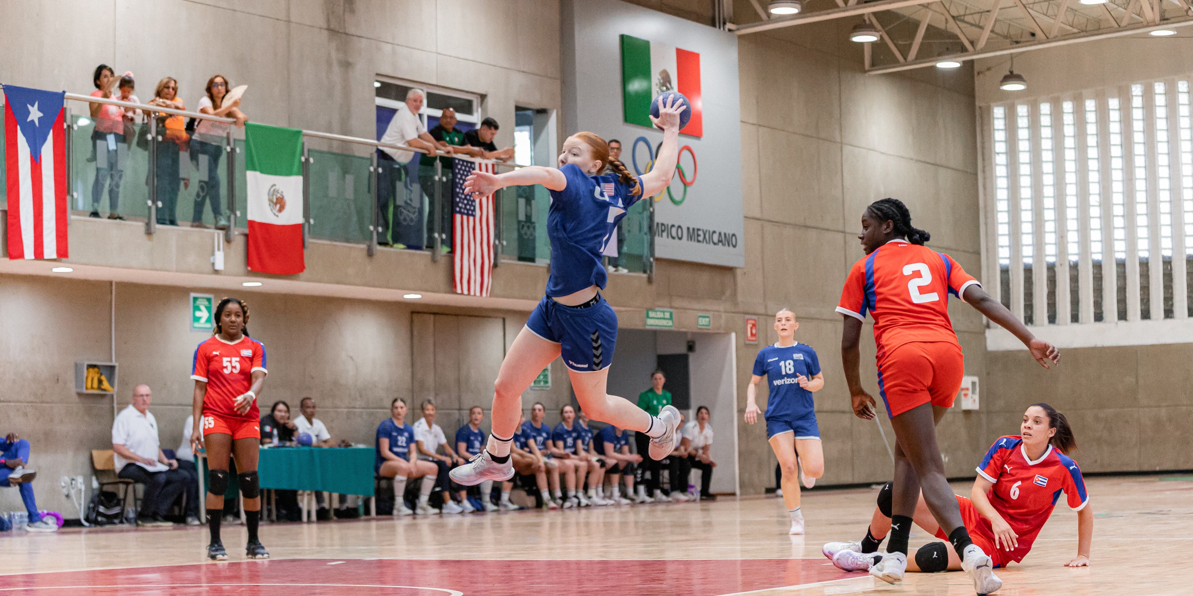 Ariane Clerc of Team USA Handball takes a shot at goal 
