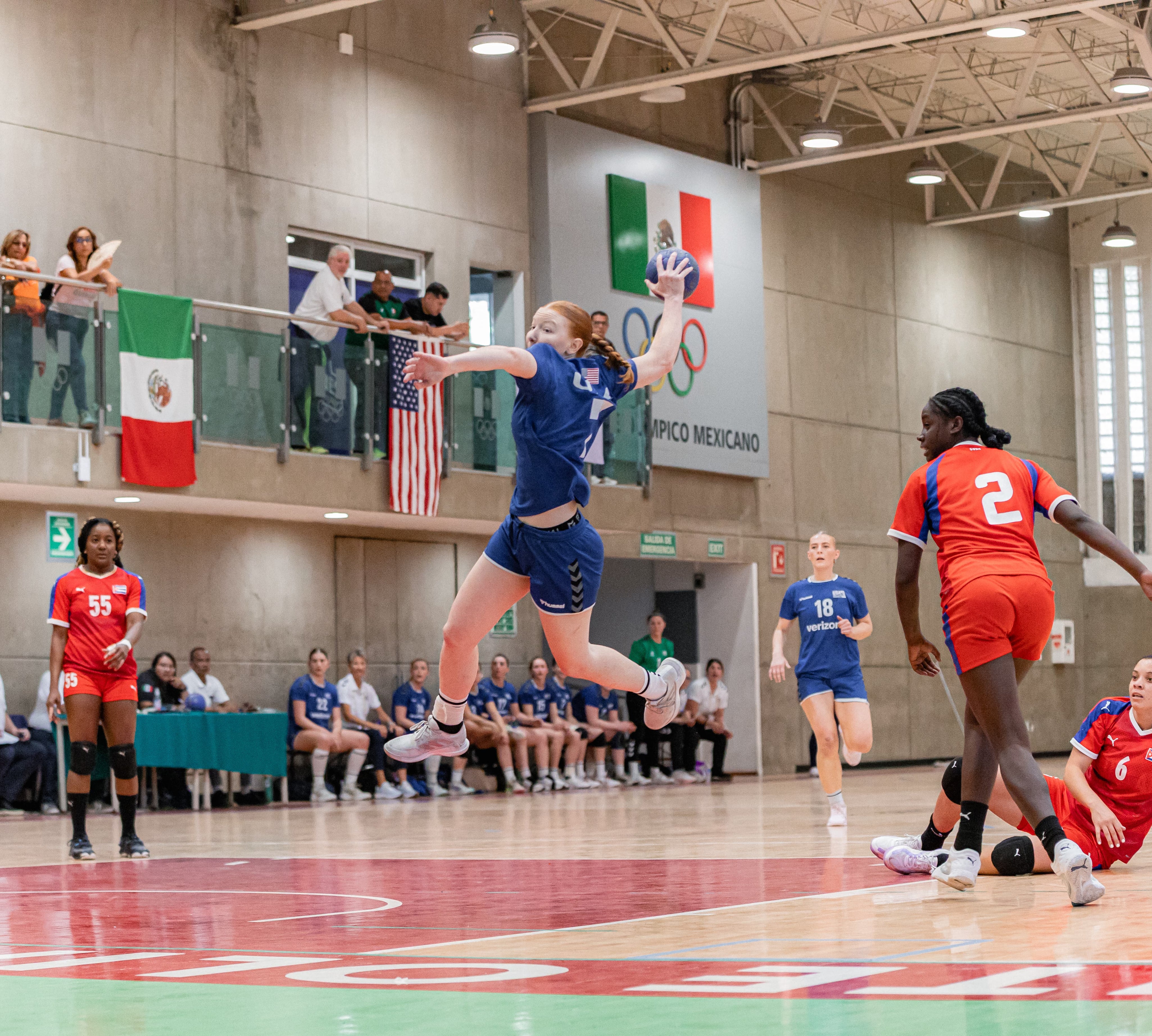 Ariane Clerc of Team USA Handball takes a shot at goal 