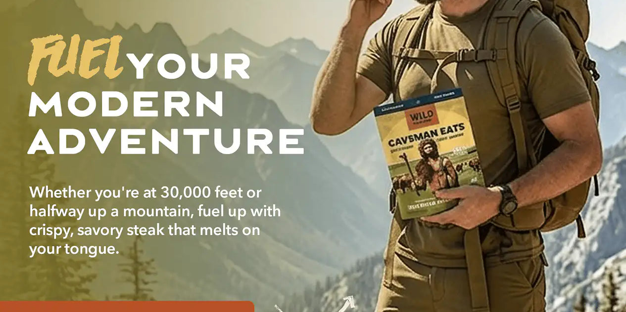Hiker carrying Caveman Eats on a mountain trail