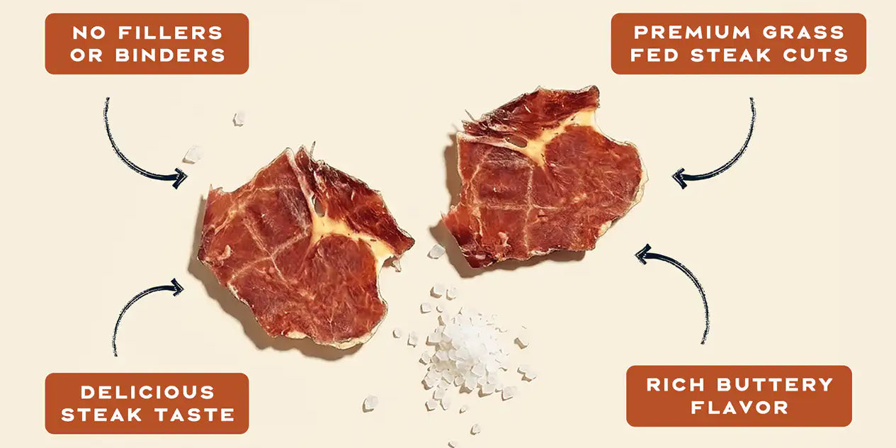 Caveman Eats ribeye steak slices and beef-and-sea-salt ingredient graphic