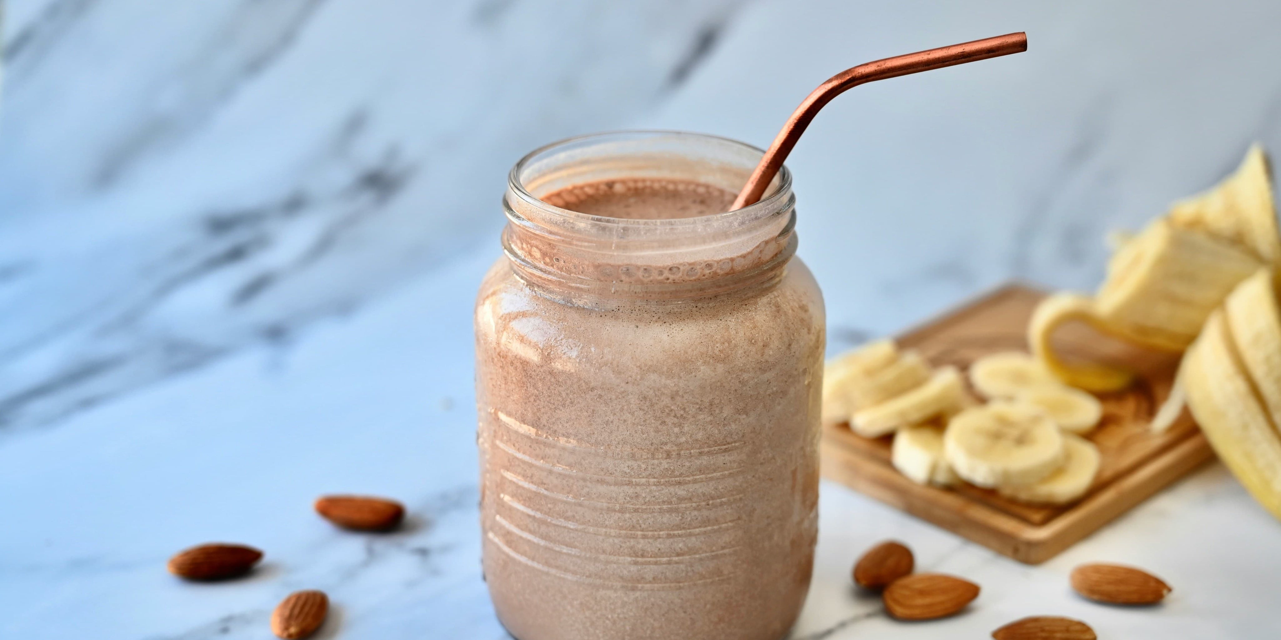 Chocolate Peanut Butter Protein Shake in a mason jar