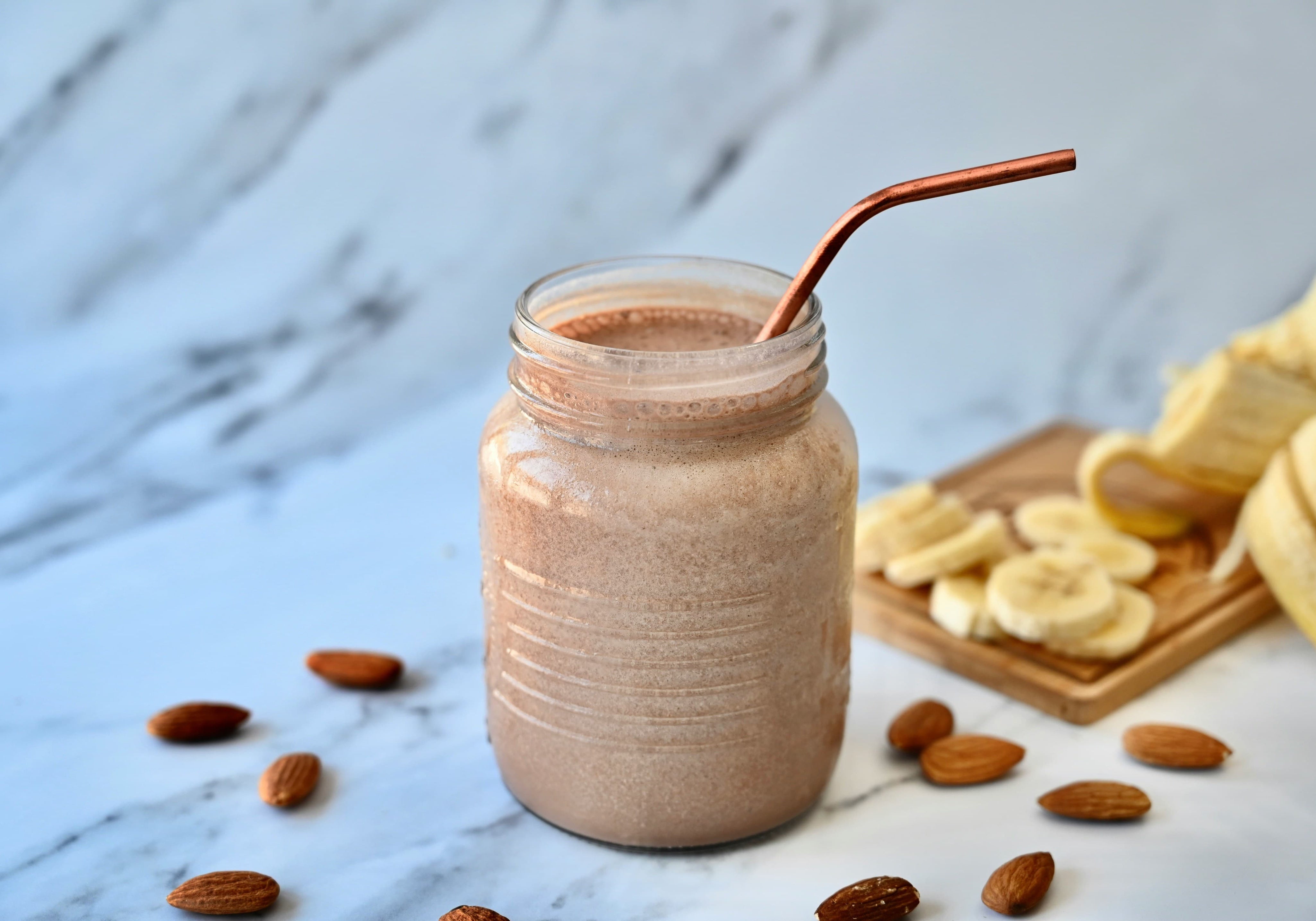 Chocolate Peanut Butter Protein Shake in a mason jar