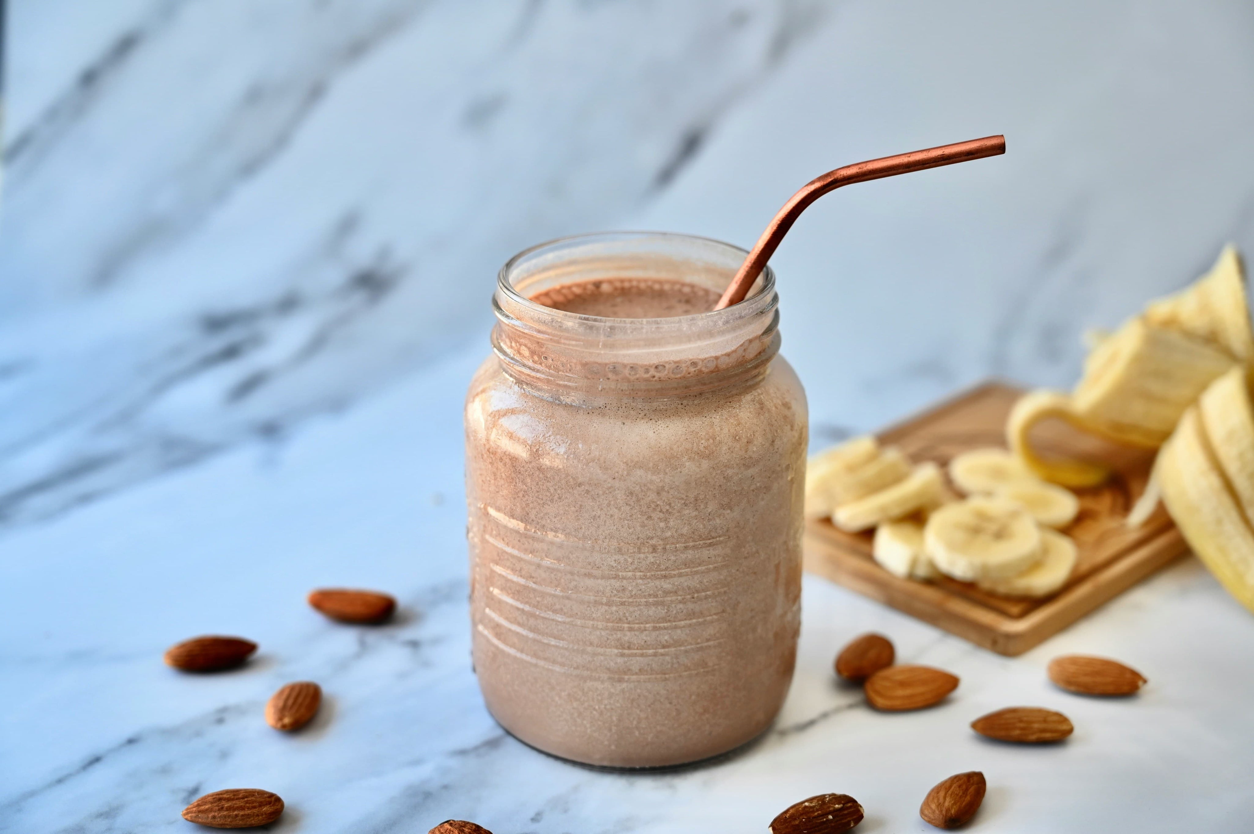 Chocolate Peanut Butter Protein Shake in a mason jar