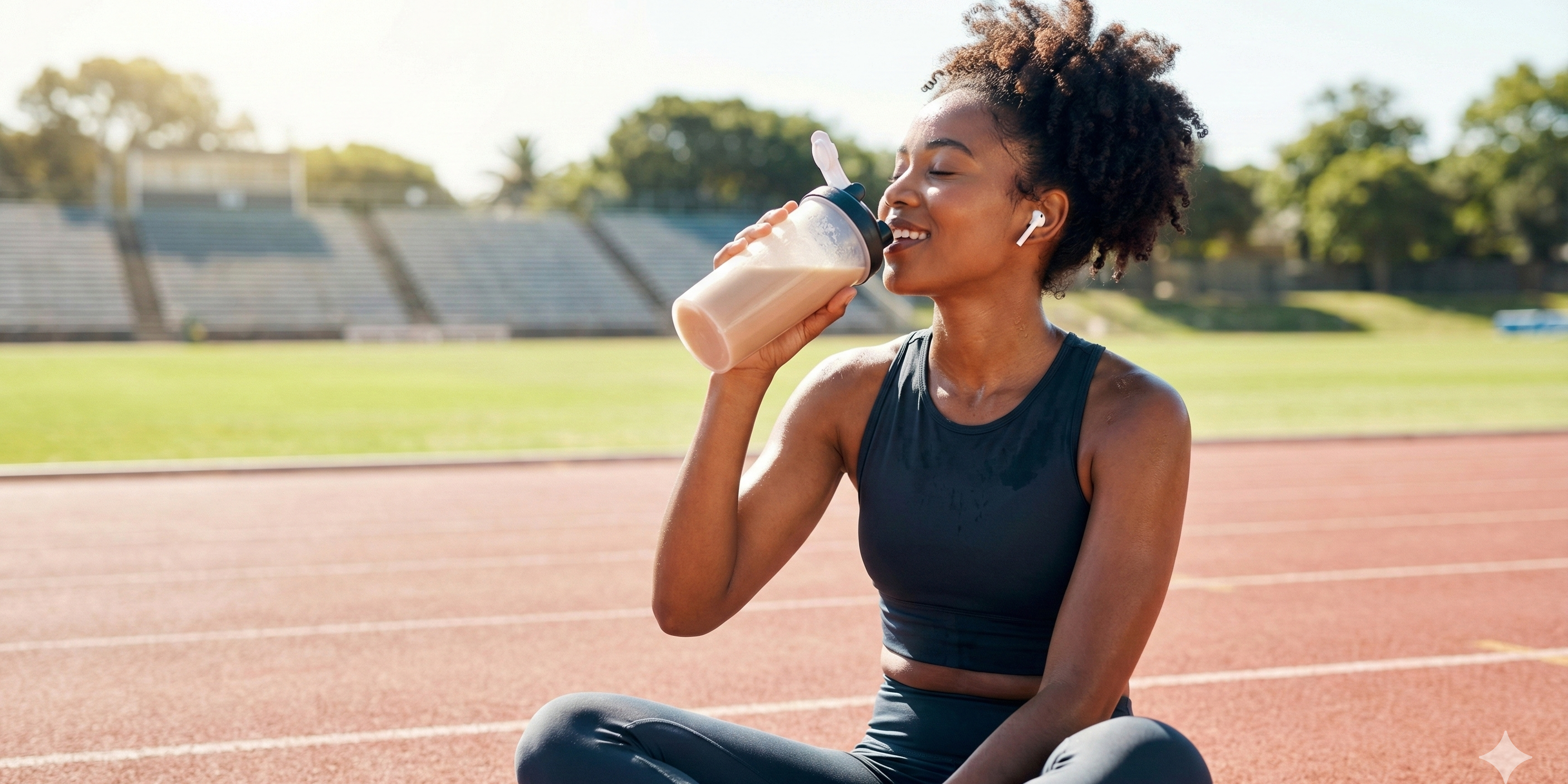Active woman drinking protein from a shaker bottle while taking a break from running