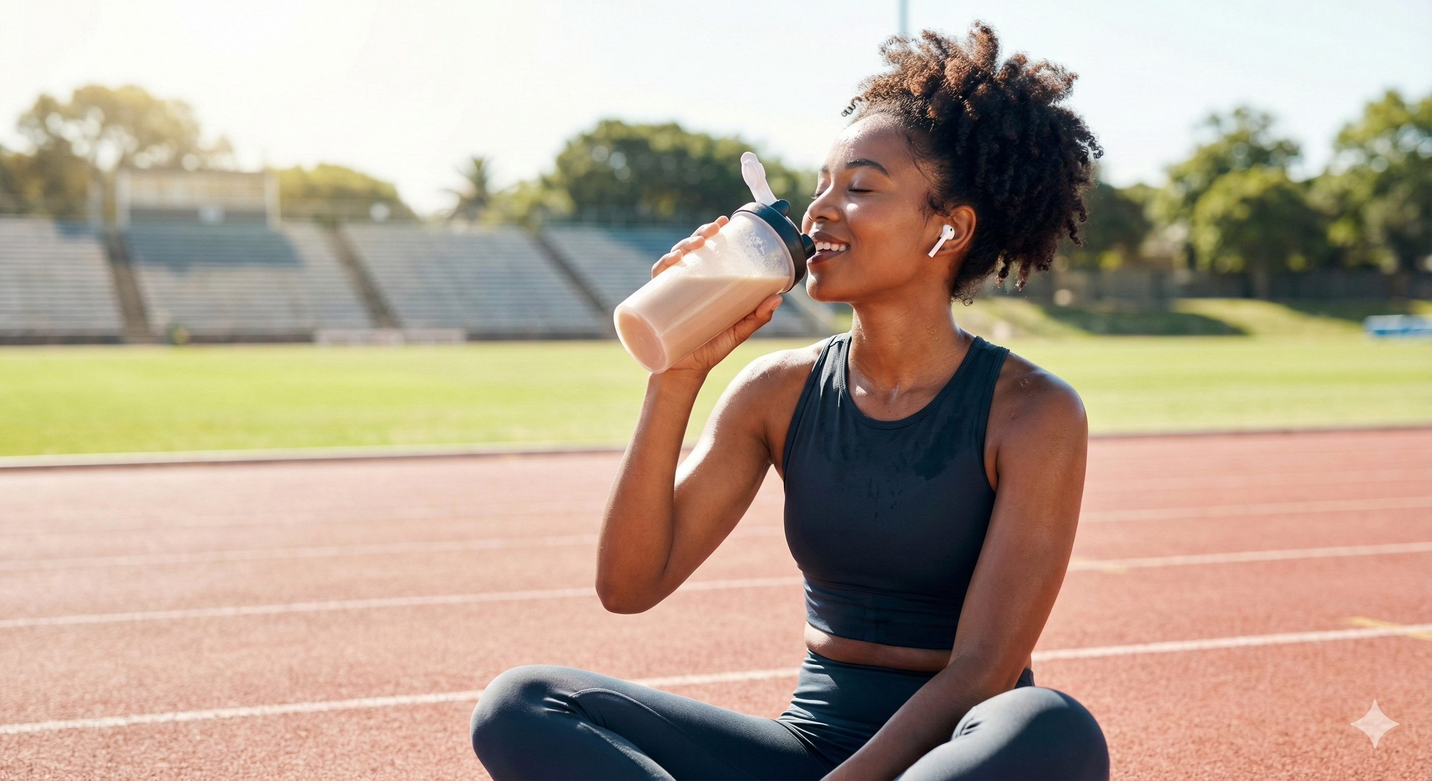 Active woman drinking protein from a shaker bottle while taking a break from running