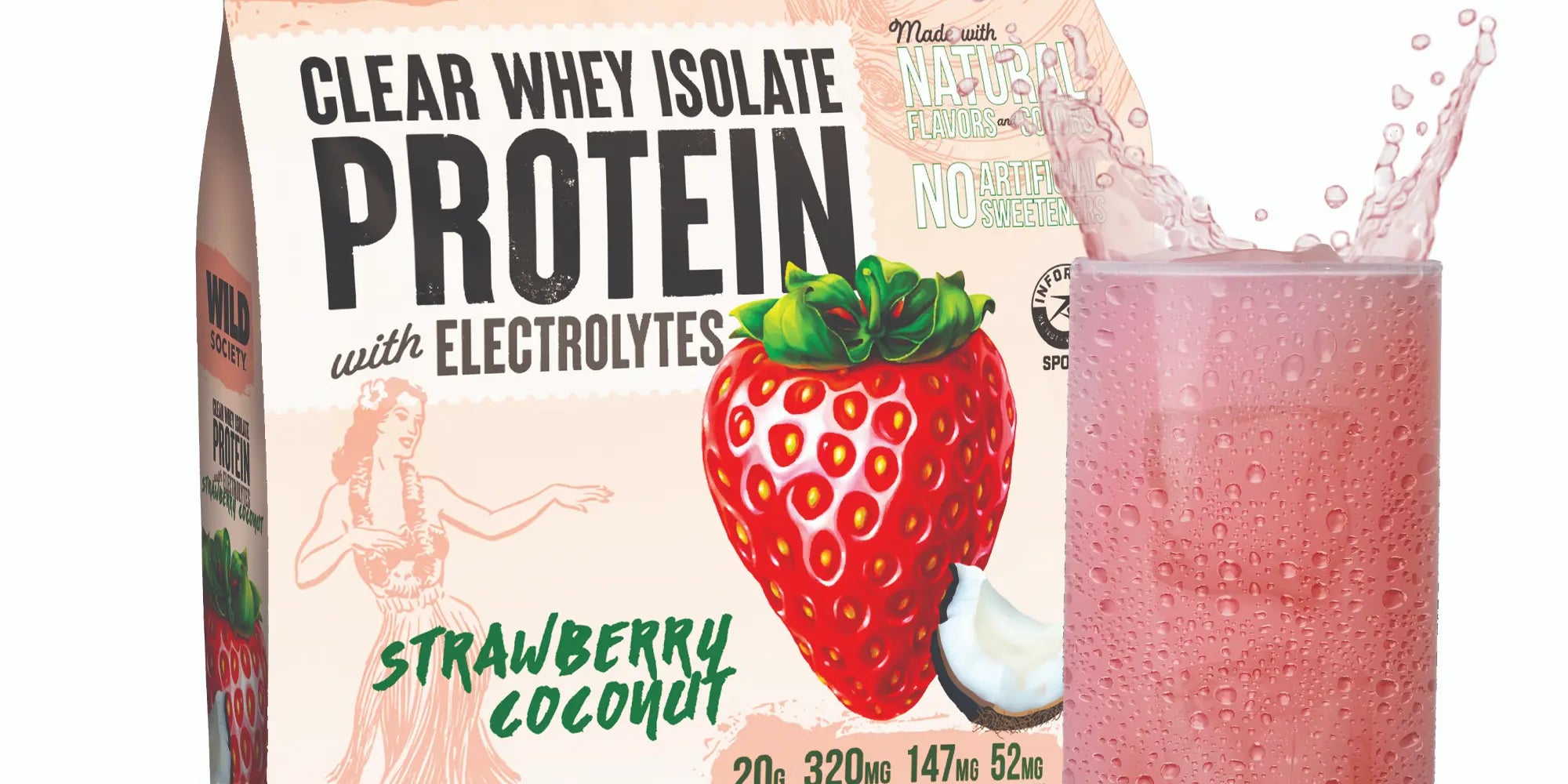 Strawberry Coconut Clear Whey bag and pink drink