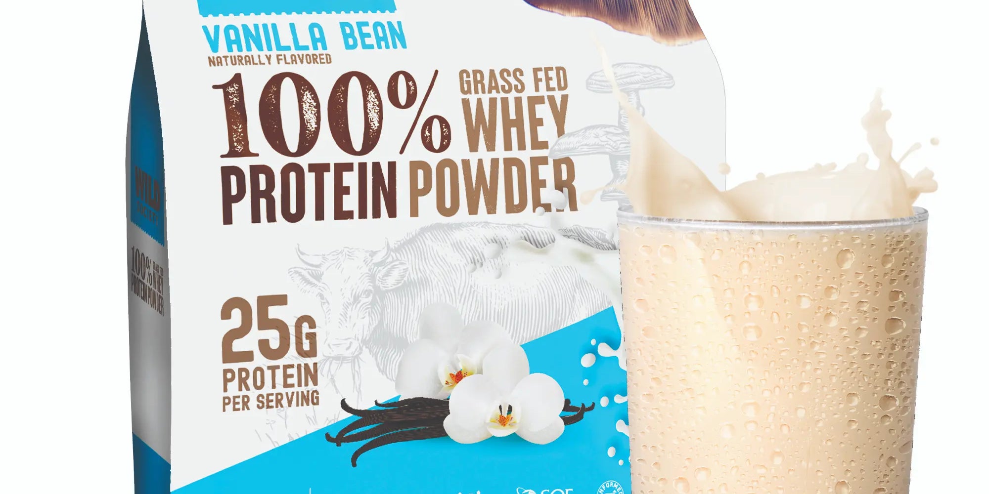 Vanilla Bean Grass-Fed Whey beside a creamy shake