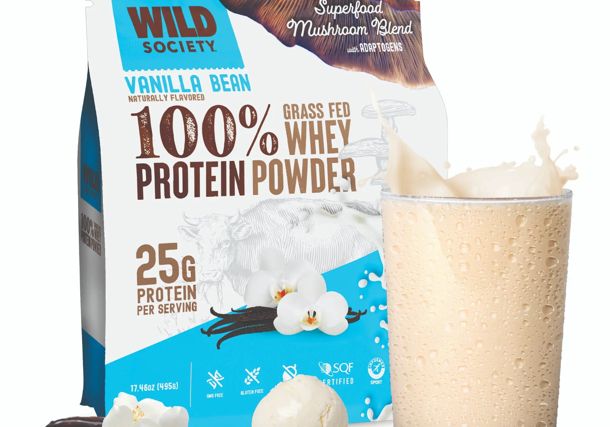 Vanilla Bean Grass-Fed Whey bag and creamy shake