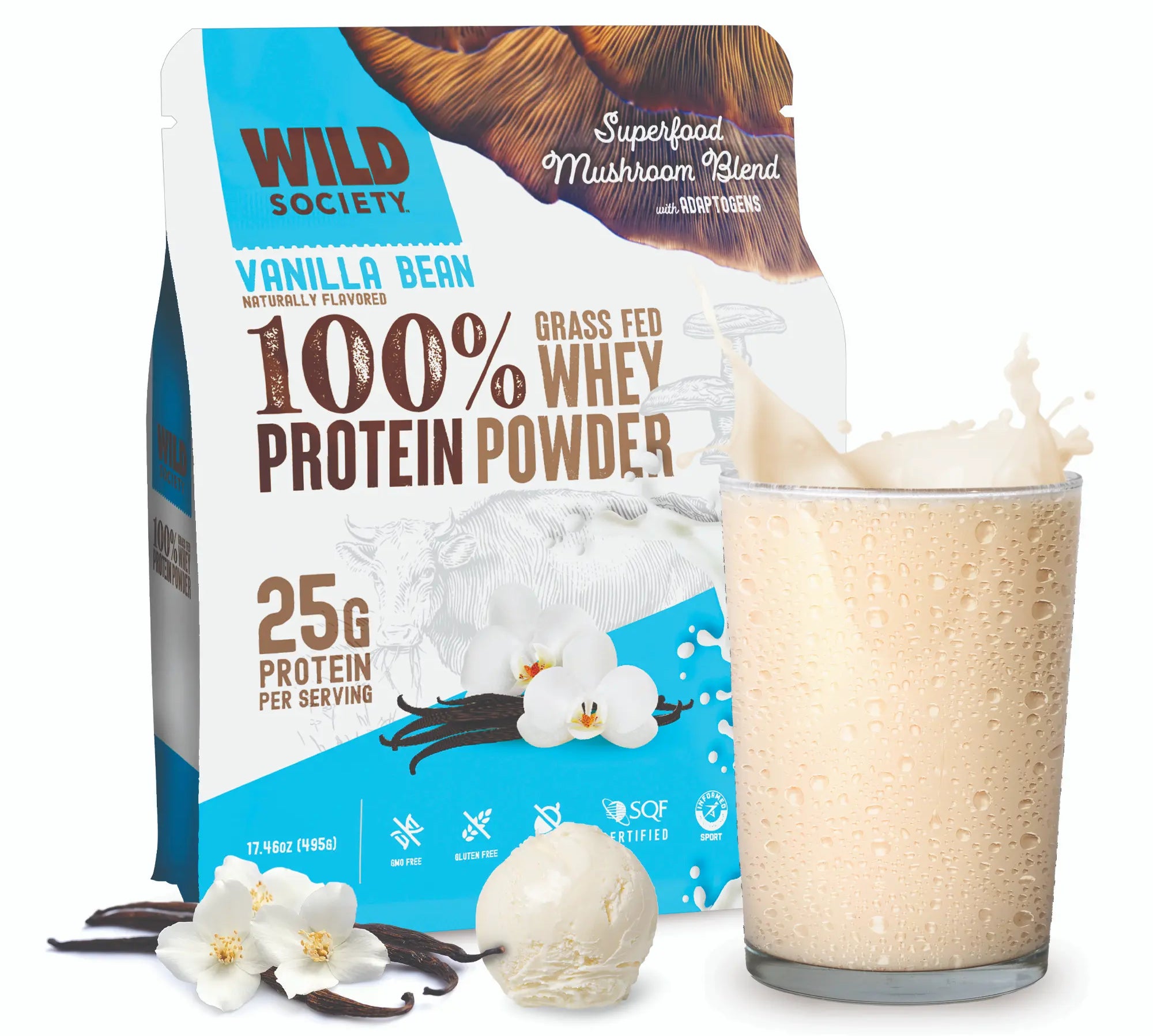 Vanilla Bean Grass-Fed Whey bag and creamy shake