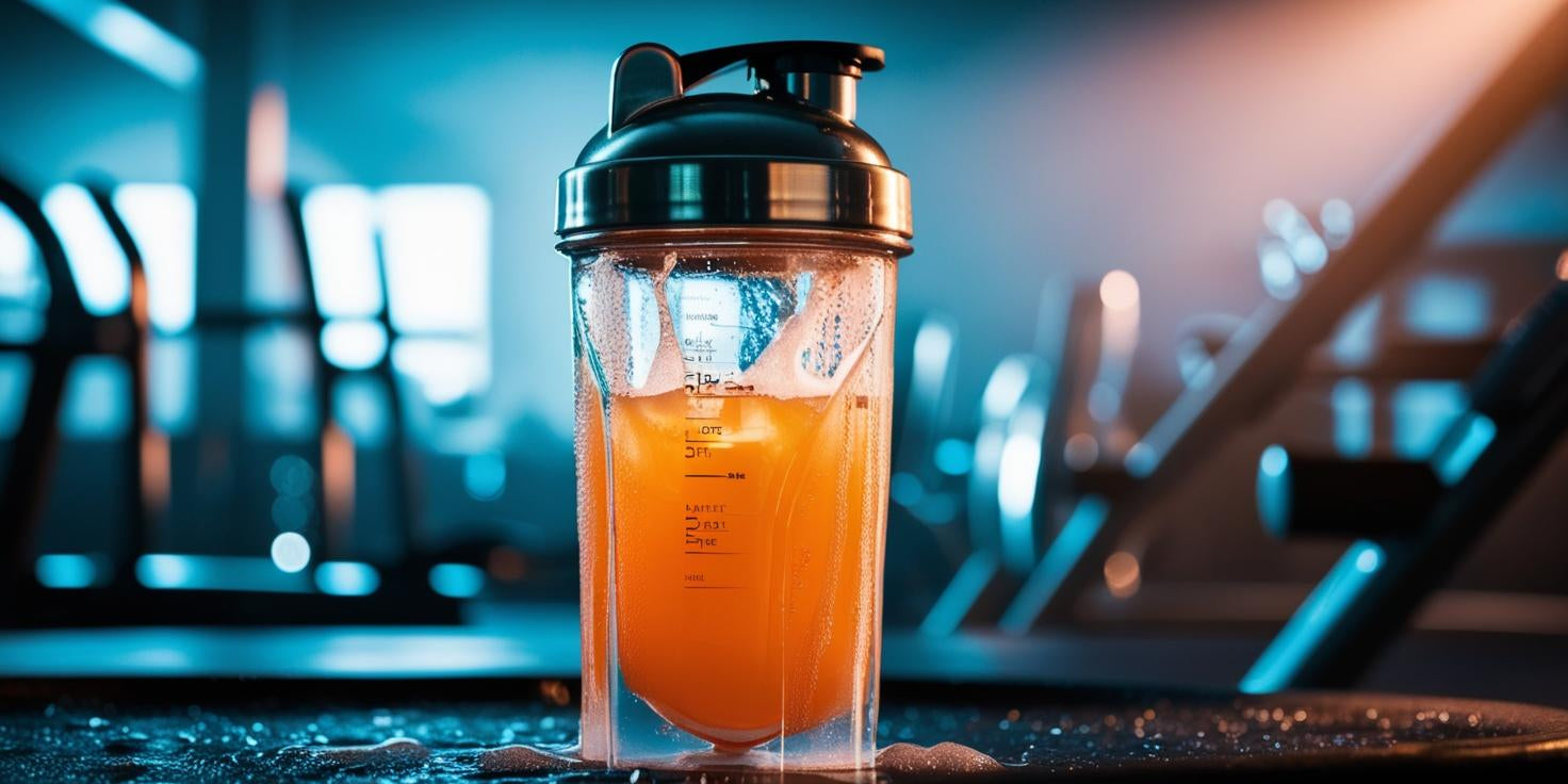 Clear protein drink in a shaker-style water bottle.