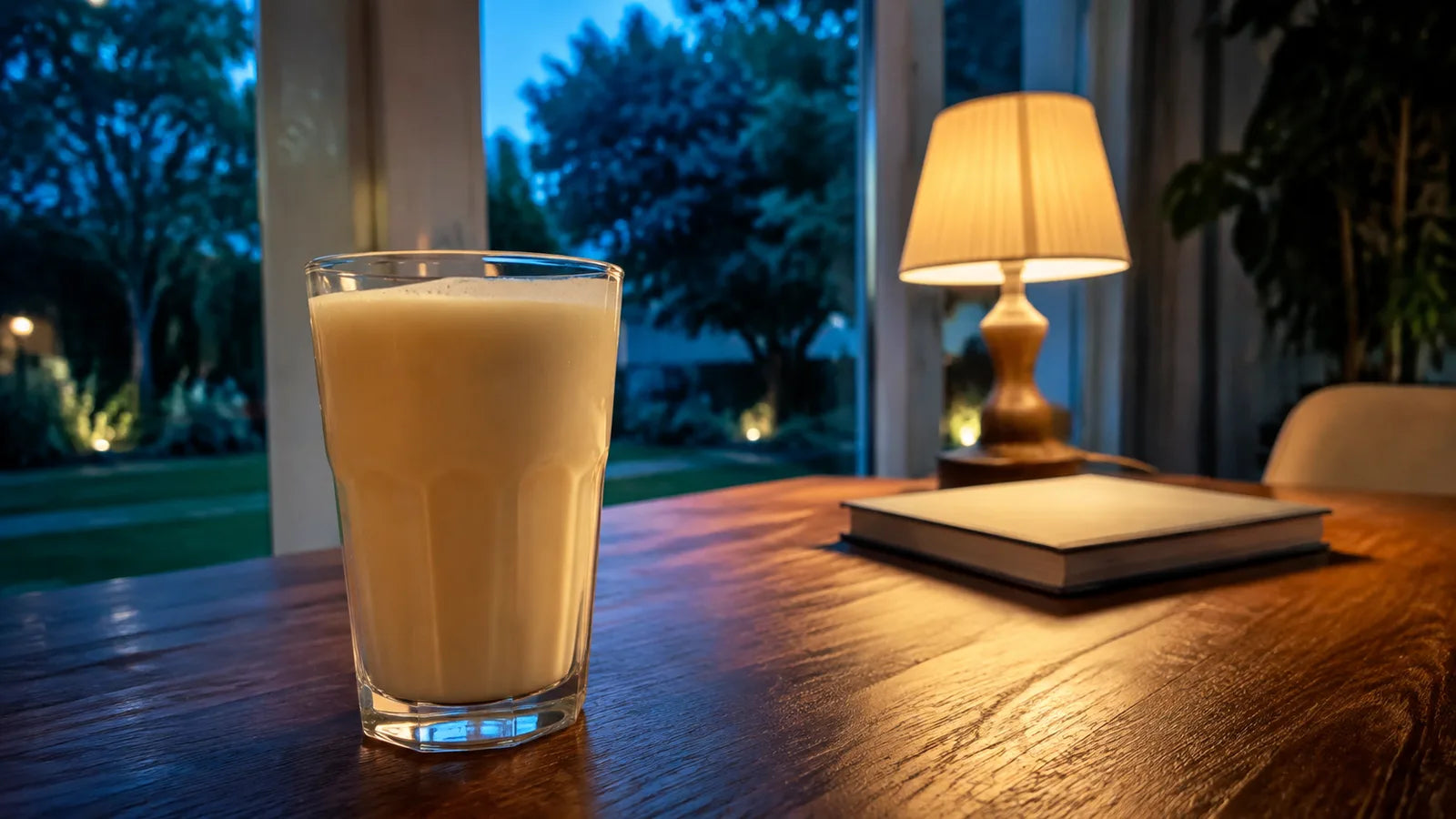 AI-generated editorial scene of a creamy shake on a table beside a lamp at dusk