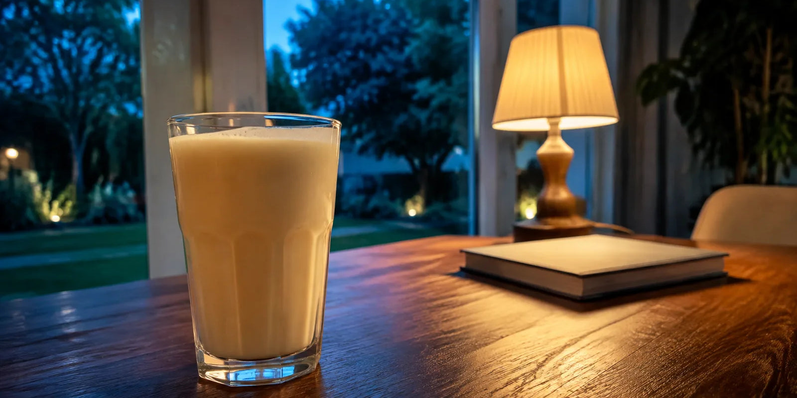 AI-generated editorial scene of a creamy shake on a table beside a lamp at dusk