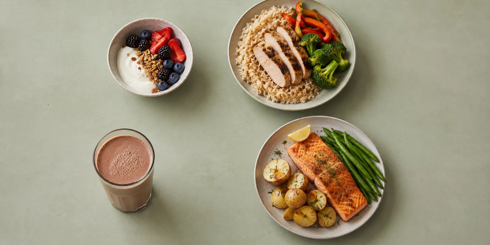 AI-generated overhead scene of three varied meals and one chocolate shake