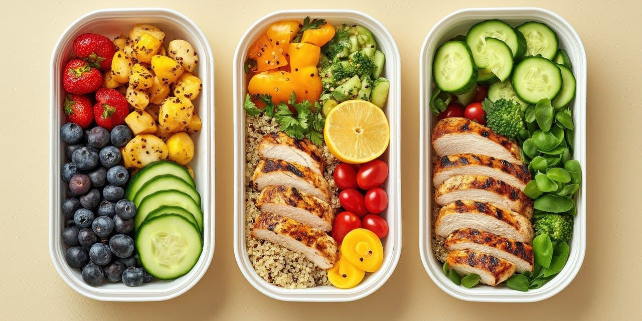 Meal planning containers filled with meat and veggies after using a protein tracker app 