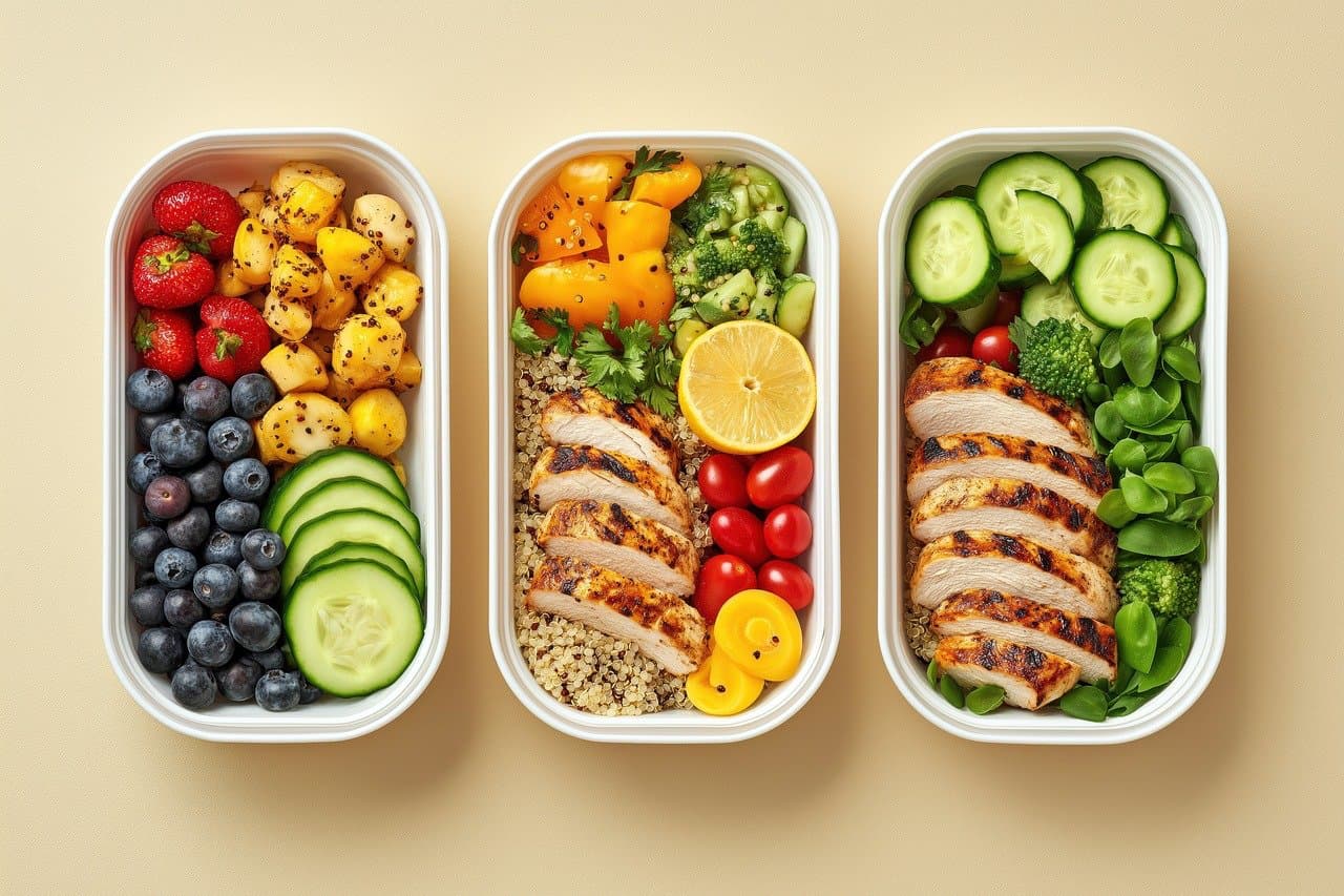 Meal planning containers filled with meat and veggies after using a protein tracker app 