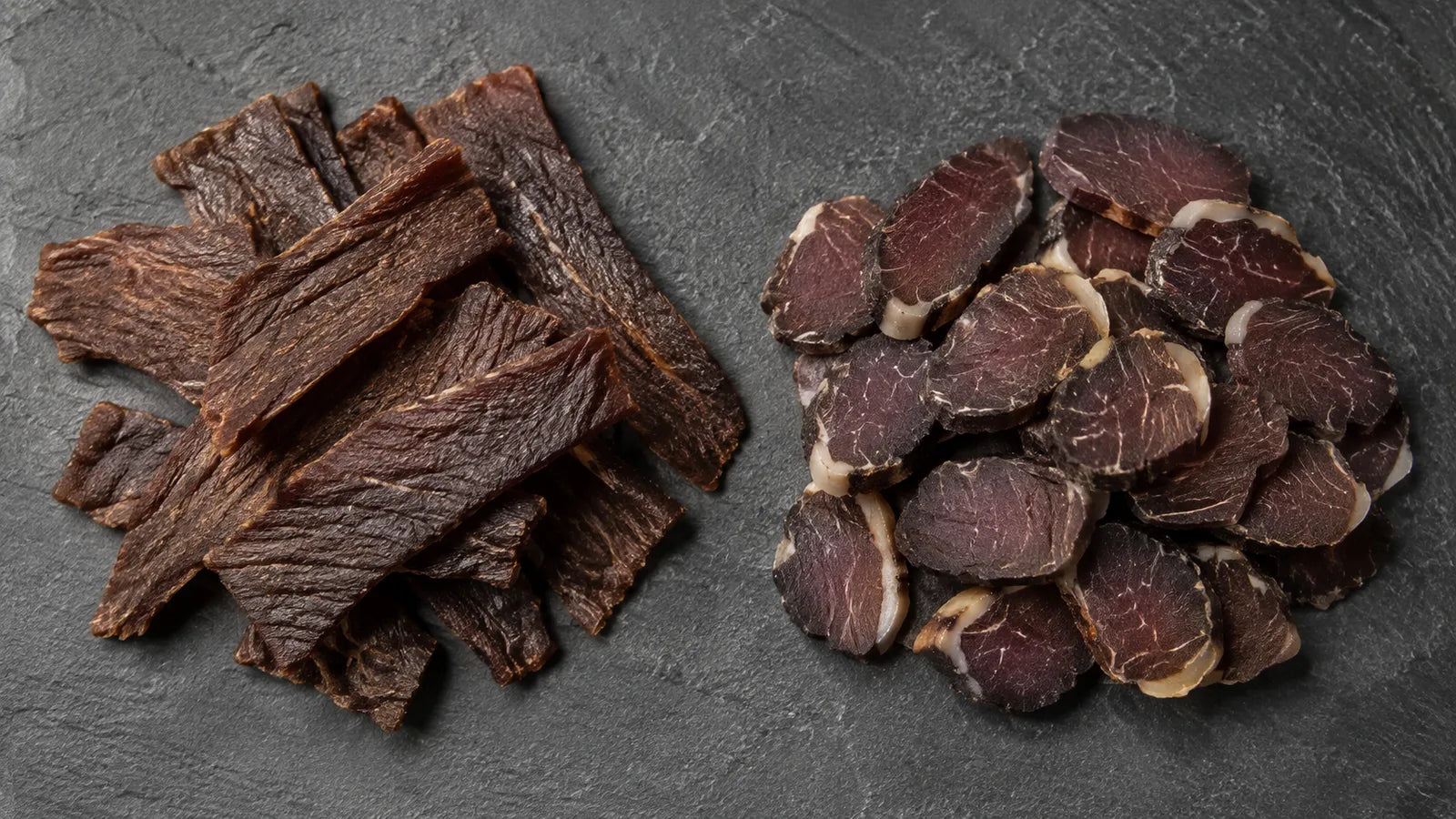 AI-generated comparison of flat jerky strips on the left and cross-cut biltong slices on the right