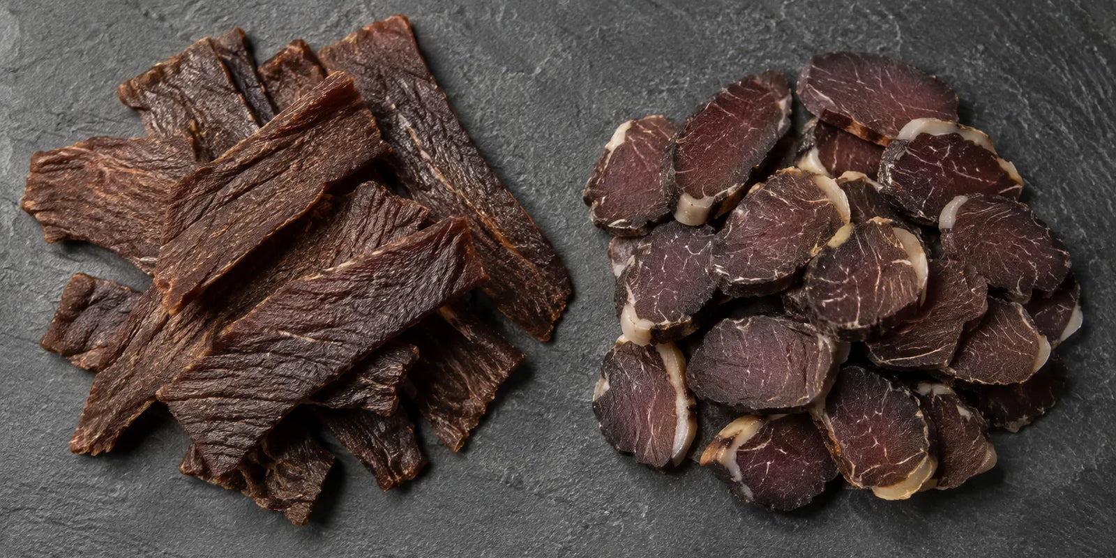 AI-generated comparison of flat jerky strips on the left and cross-cut biltong slices on the right