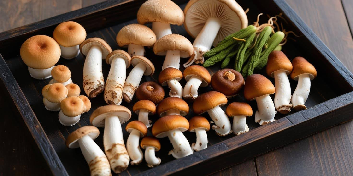 A wooden tray filled with assorted kinds of medicinal mushrooms for gut health.
