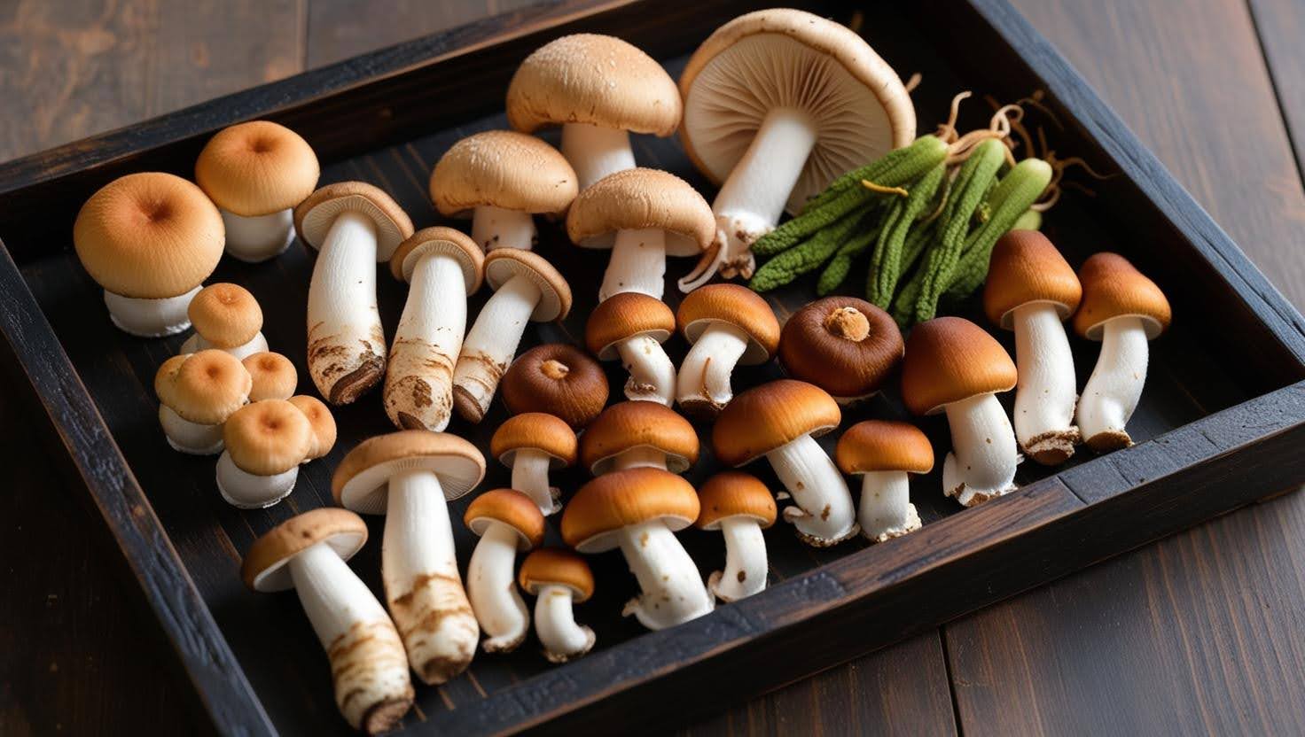 A wooden tray filled with assorted kinds of medicinal mushrooms for gut health