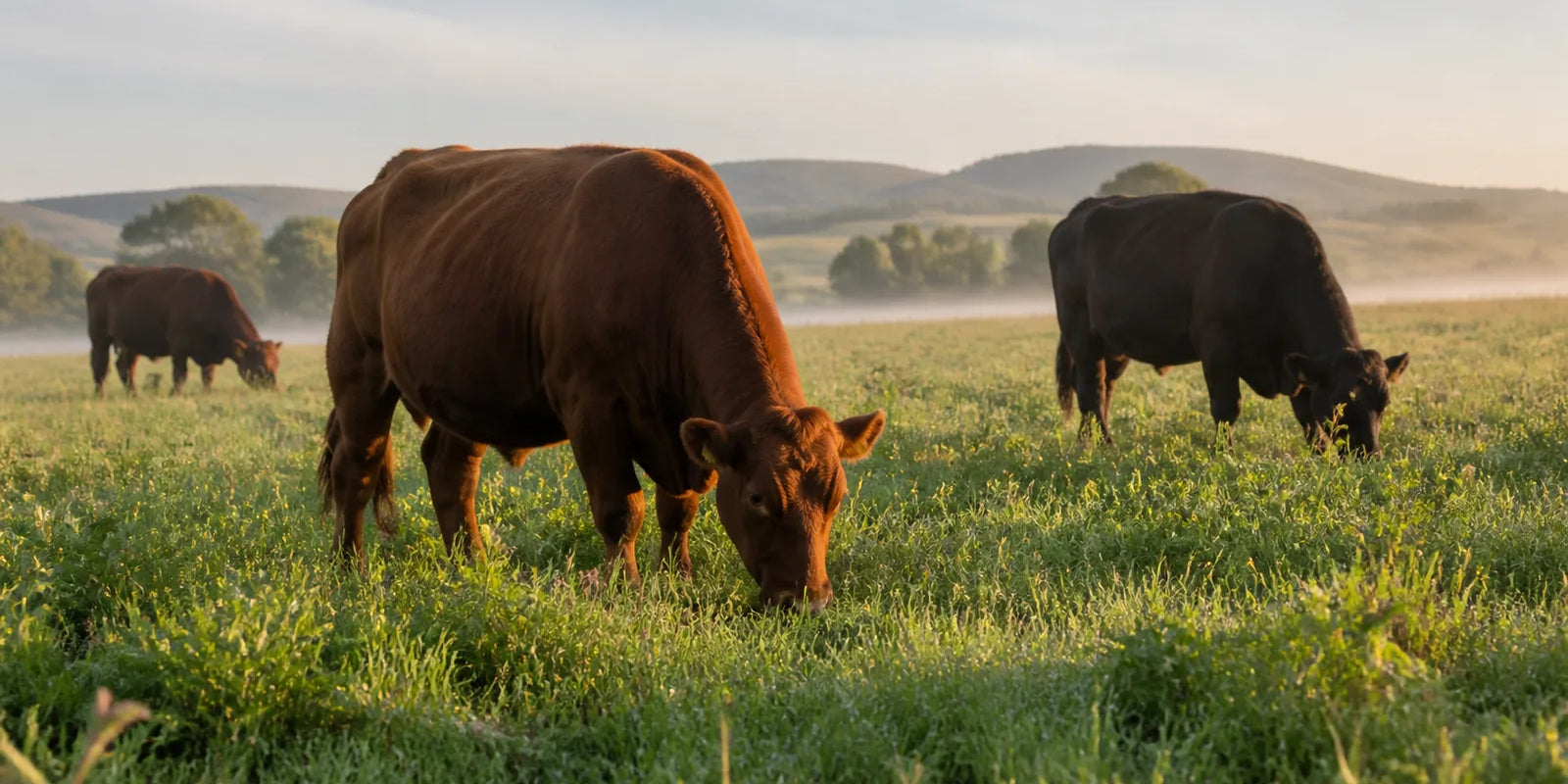 AI-generated editorial scene of three cattle grazing a green pasture in morning light