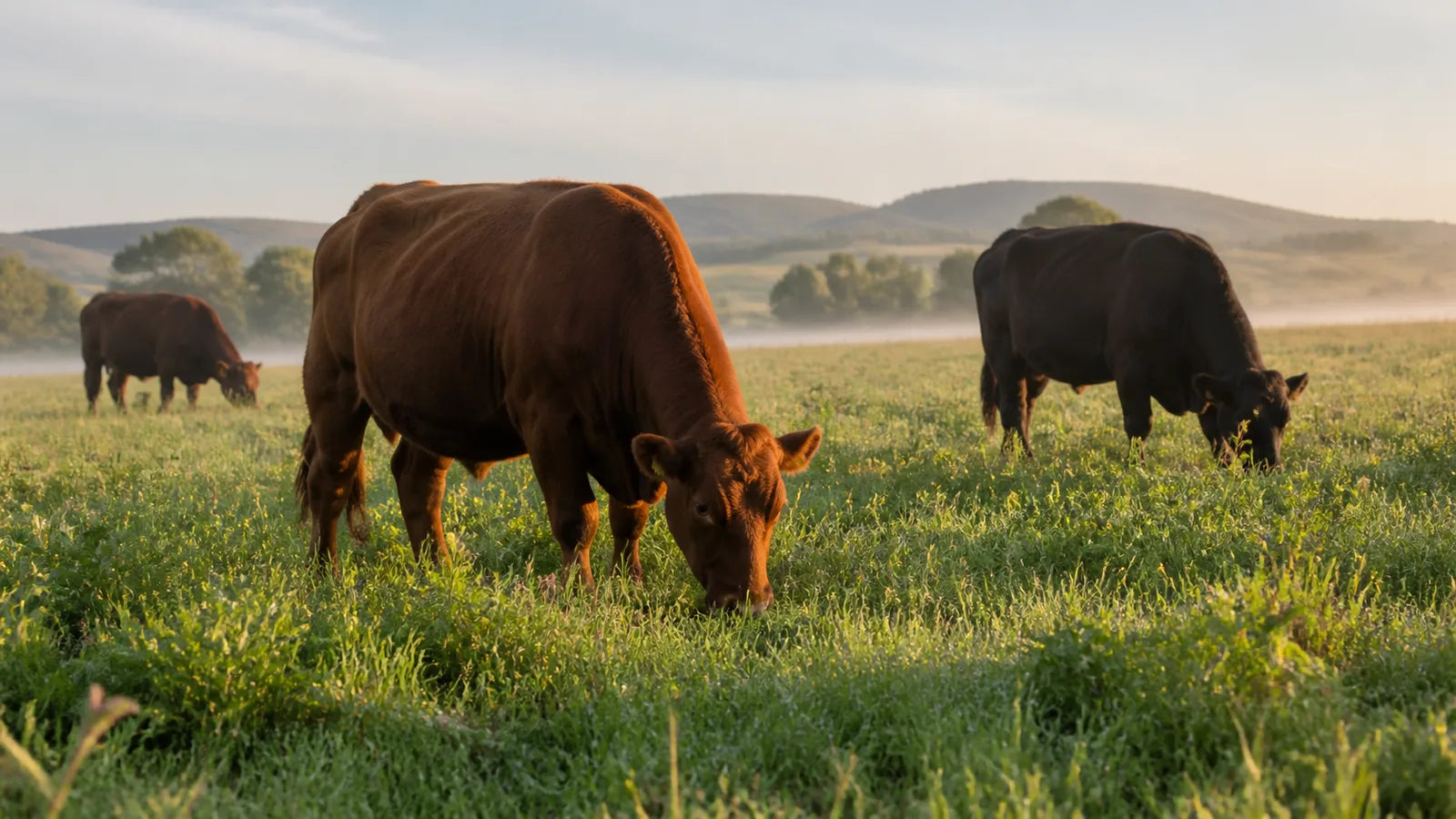 AI-generated editorial scene of three cattle grazing a green pasture in morning light