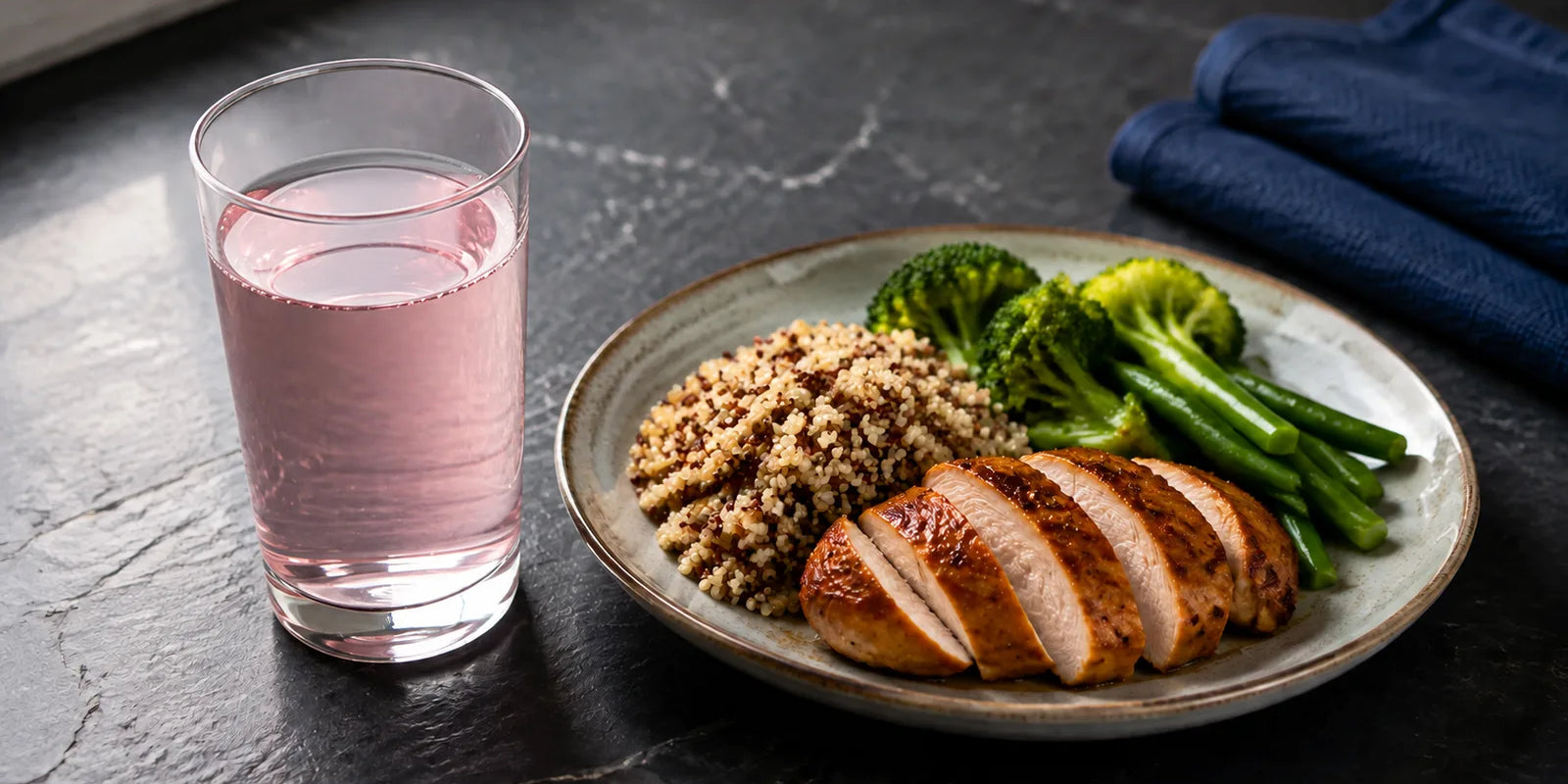 AI-generated editorial scene of a clear pink drink beside chicken, quinoa and vegetables